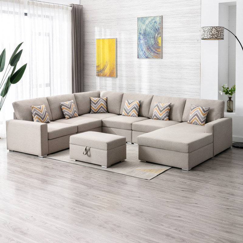 Nolan 124" Beige Linen Fabric 7Pc Reversible Chaise Sectional Sofa with Interchangeable Legs, Pillows and Storage Ottoman