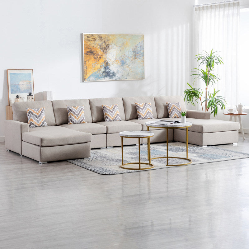 Nolan 152" Beige Linen Fabric 5Pc Double Chaise Sectional Sofa with Pillows and Interchangeable Legs