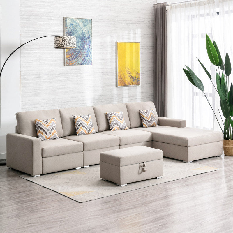 Nolan 124" Beige Linen Fabric 5Pc Reversible Sofa Chaise with Interchangeable Legs, Storage Ottoman, and Pillows