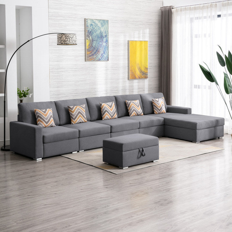 Nolan 152" Gray Linen Fabric 6Pc Reversible Sectional Sofa Chaise with Interchangeable Legs, Pillows and Storage Ottoman