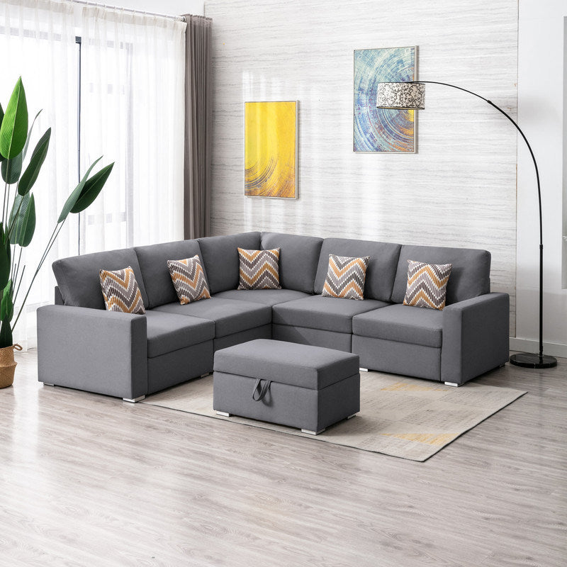 Nolan 95.5" Gray Linen Fabric 6Pc Reversible Sectional Sofa with Pillows, Storage Ottoman, and Interchangeable Legs