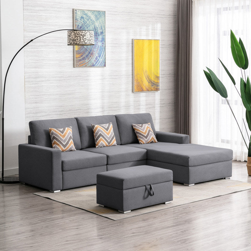 Nolan 95.5" Gray Linen Fabric 4Pc Reversible Sofa Chaise with Interchangeable Legs, Storage Ottoman, and Pillows