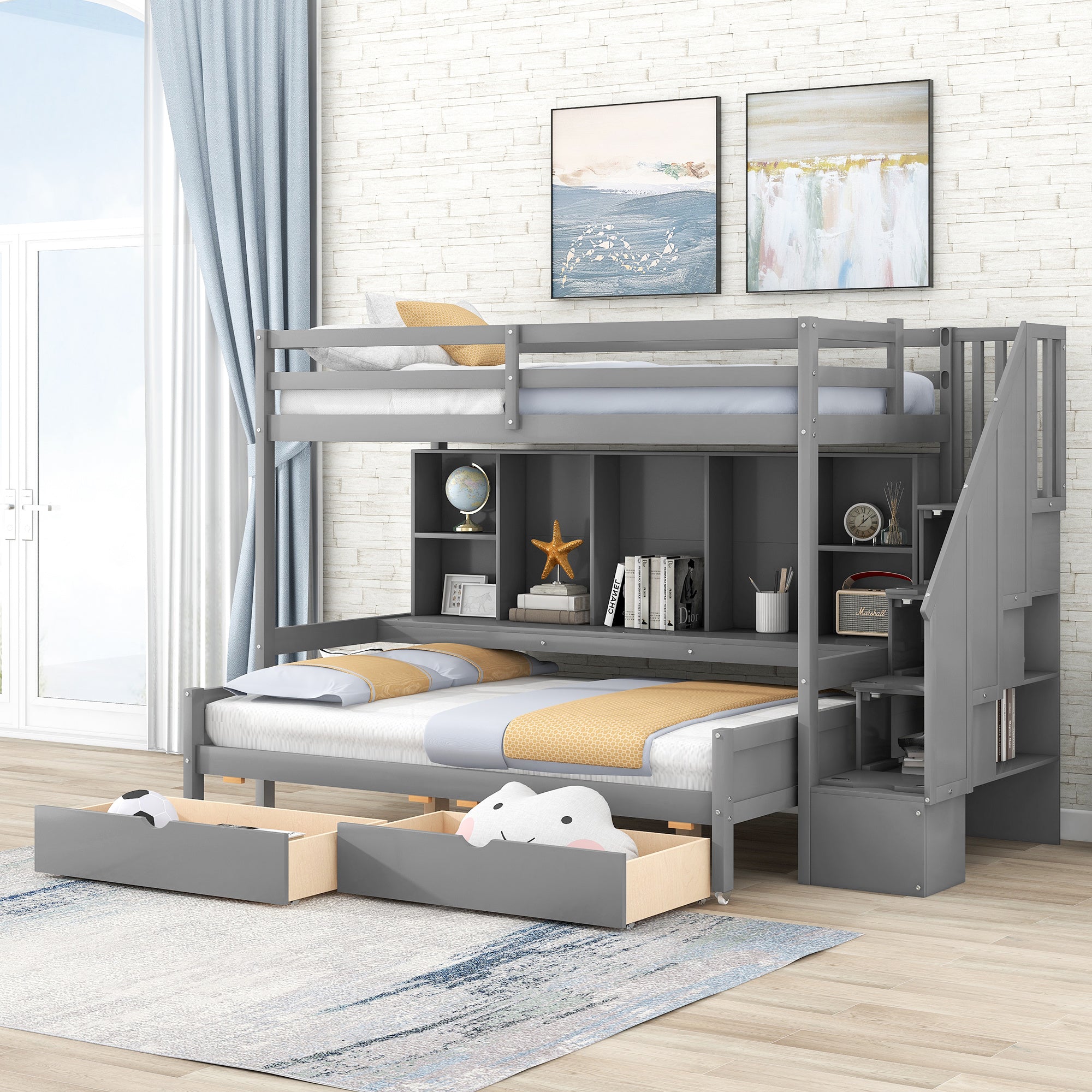 Twin XL over Full Bunk Bed with Built-in Storage Shelves, Drawers and Staircase,Gray