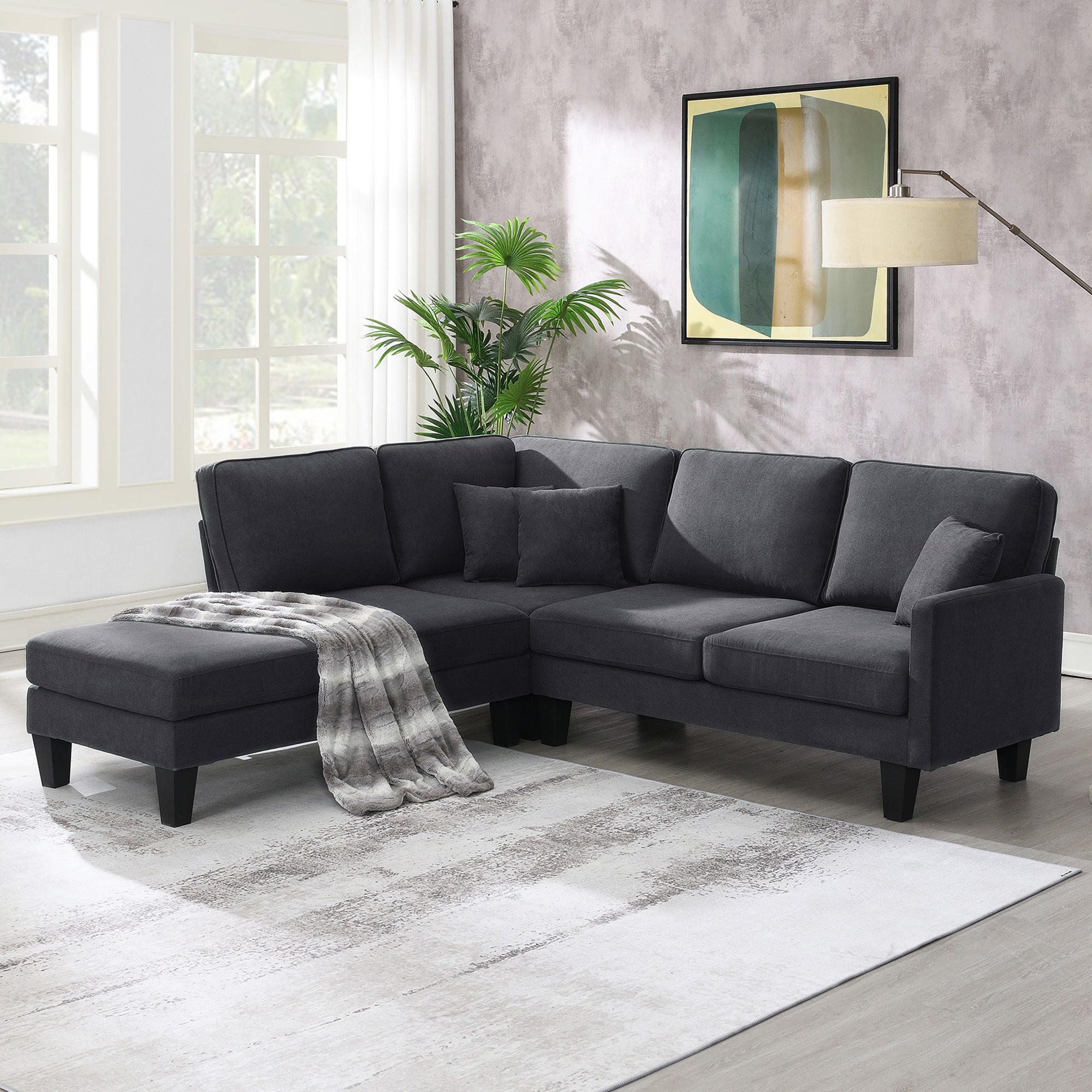 [VIDEO provided][New]90*88" Terrycloth Modern Sectional Sofa,5-Seat Practical Couch Set with Chaise Lounge,L-Shape minimalist Indoor Furniture with 3 Pillows for Living Room,Apartment,Office, 3 Colors