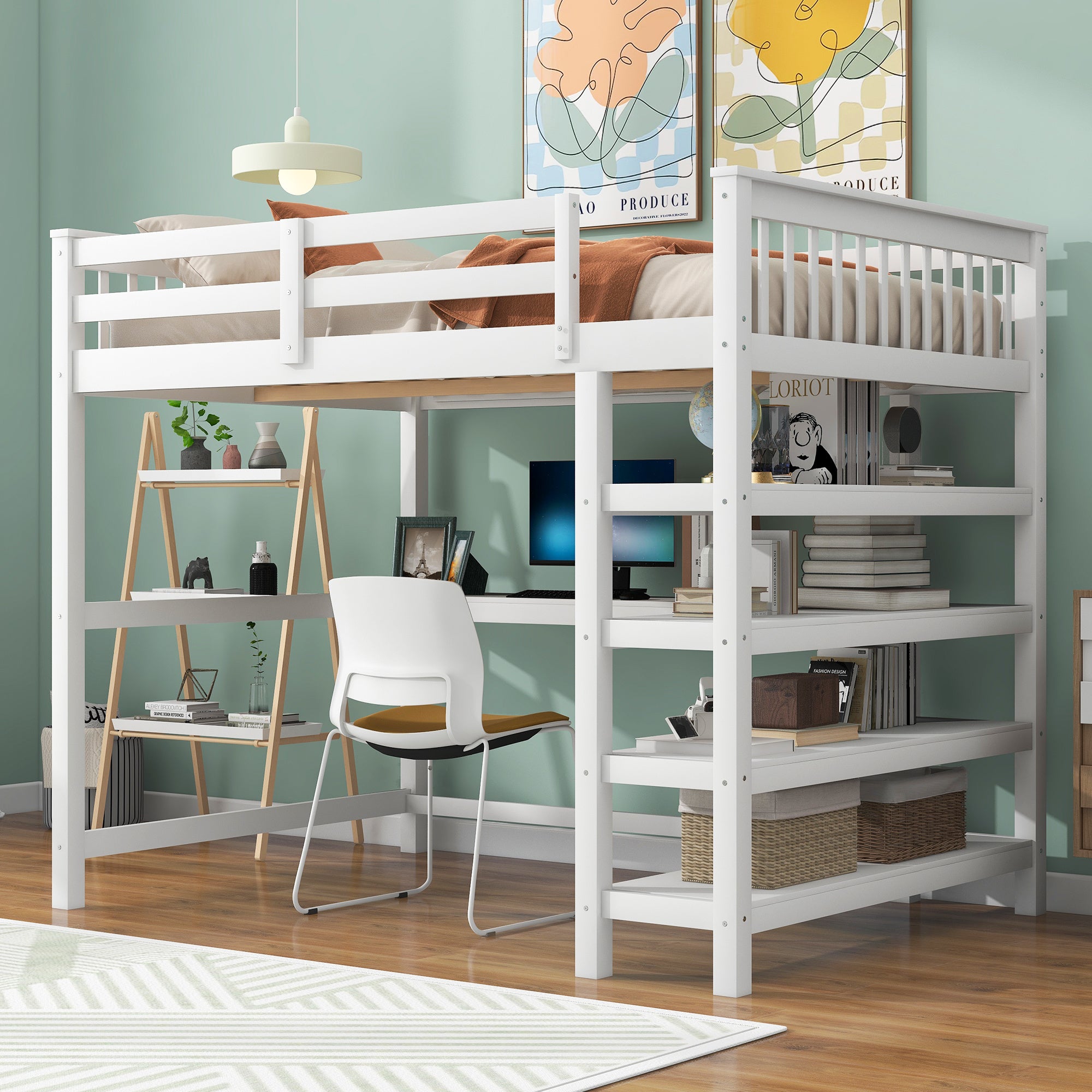 Full Size Loft Bed with Storage Shelves and Under-bed Desk, White