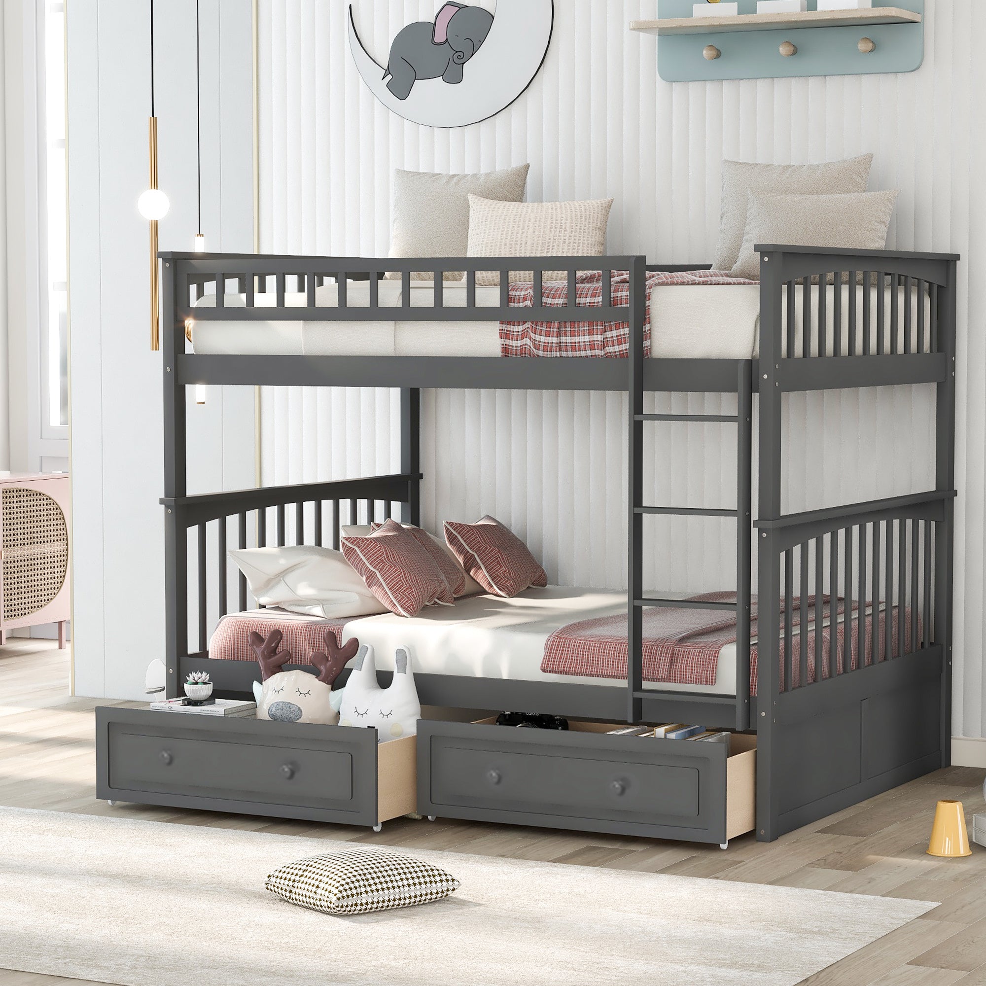 Full over Full Bunk Bed with Drawers, Convertible Beds, Gray(OLD SKU:SM000241AAE-1)