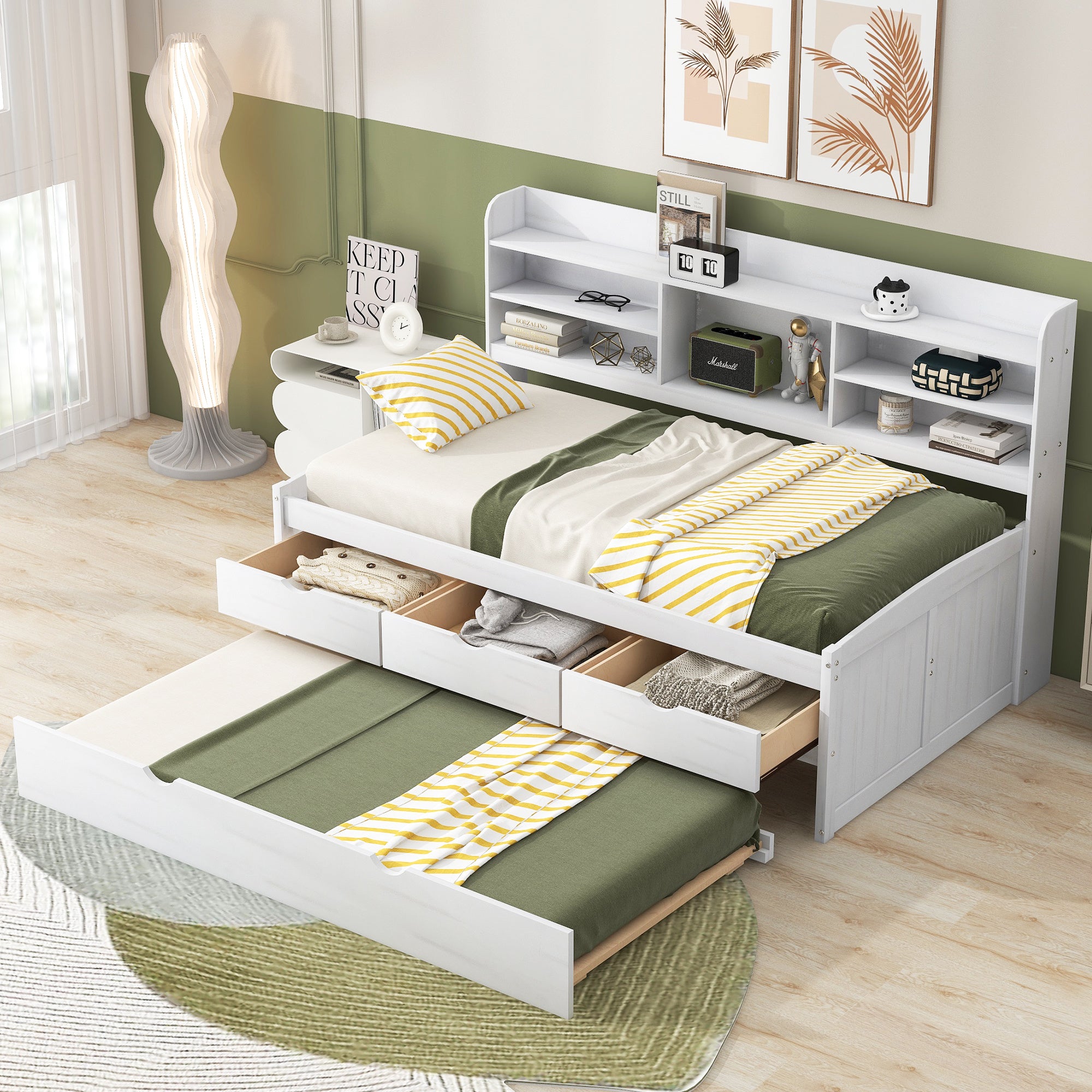 Twin Size Wooden Captain Bed with Built-in Bookshelves,Three Storage Drawers and Trundle, White Wash