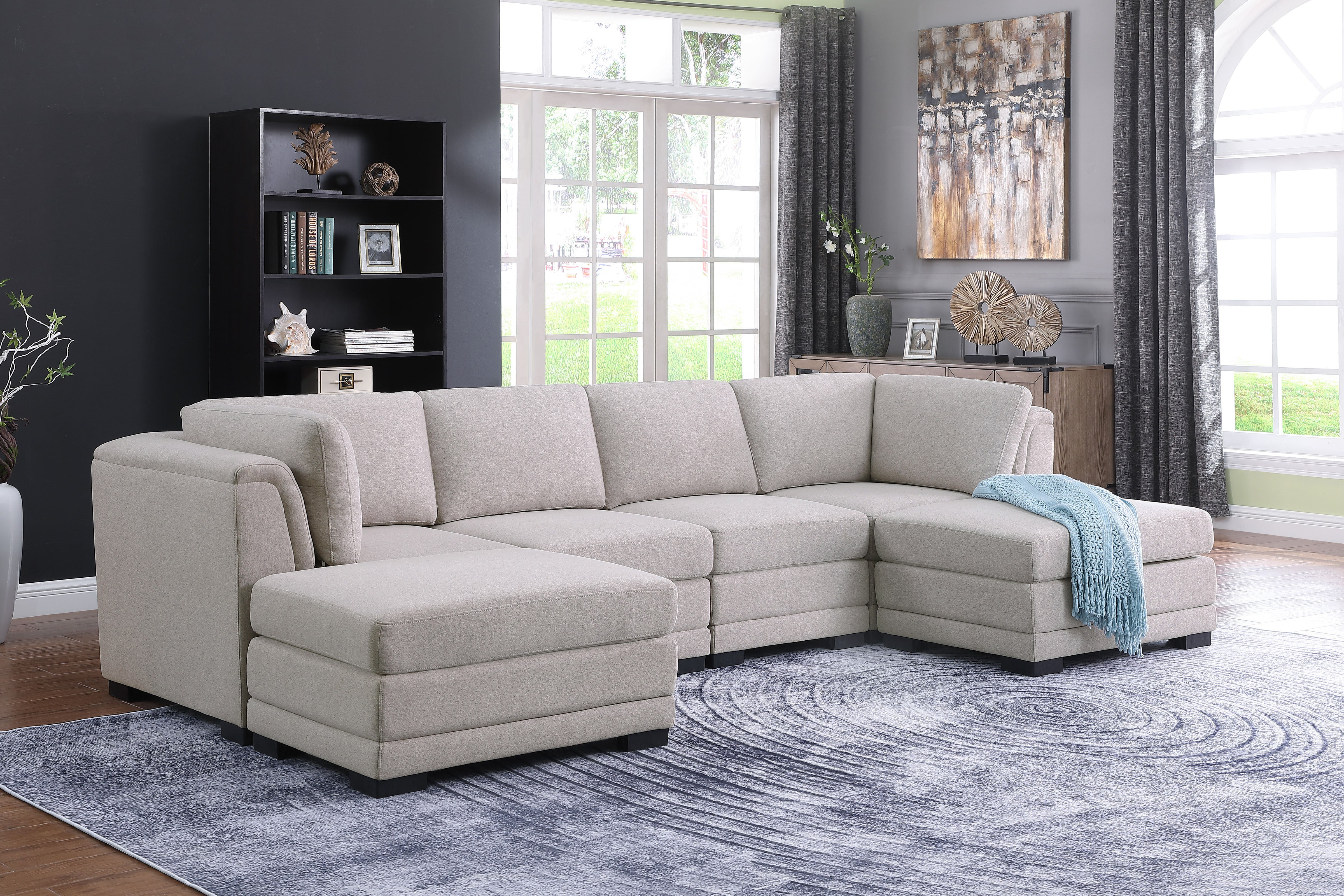 Kristin 121.5" Light Gray Linen Fabric Reversible Sectional Sofa with 2 Ottomans