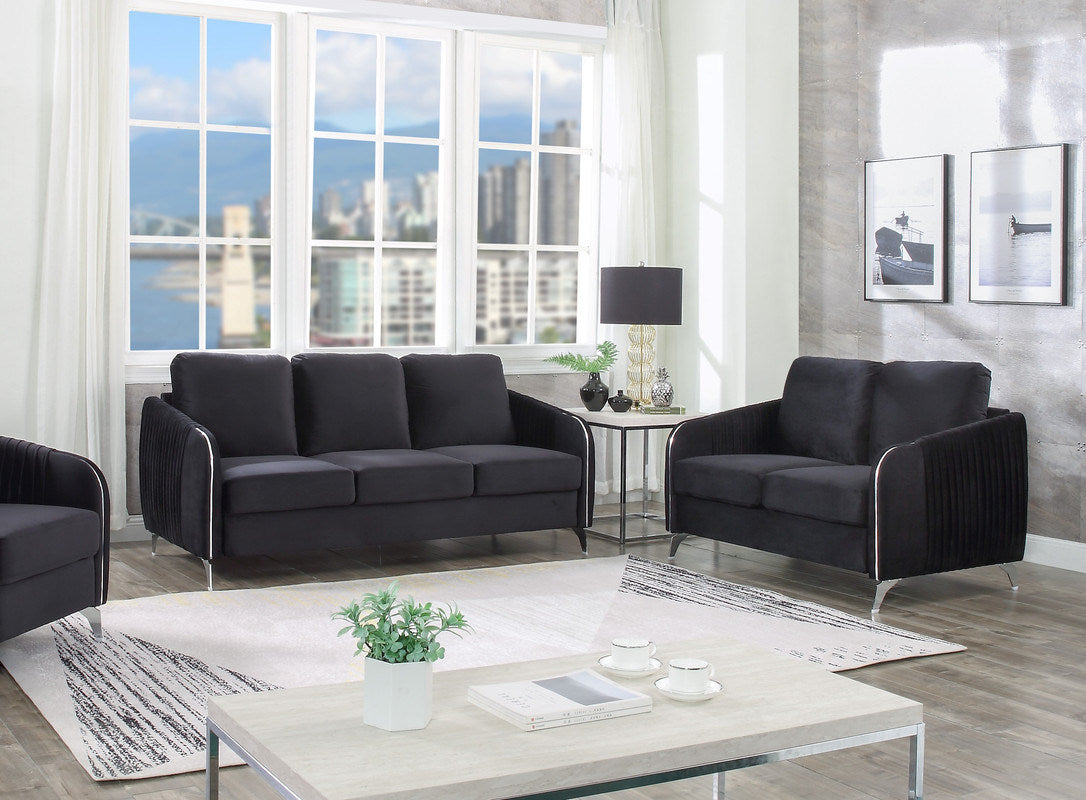 Hathaway Black Velvet Fabric Sofa Loveseat Living Room Set