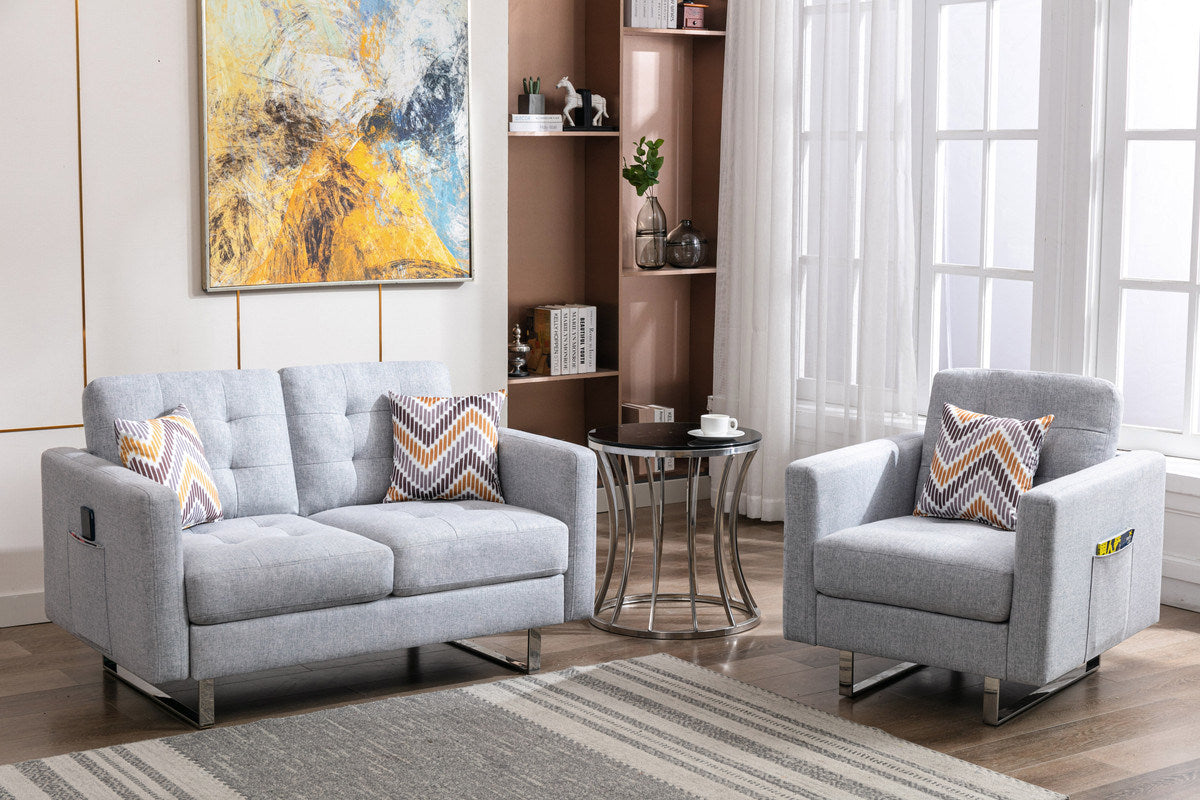 Victoria Light Gray Linen Fabric Loveseat Chair Living Room Set with Metal Legs, Side Pockets, and Pillows