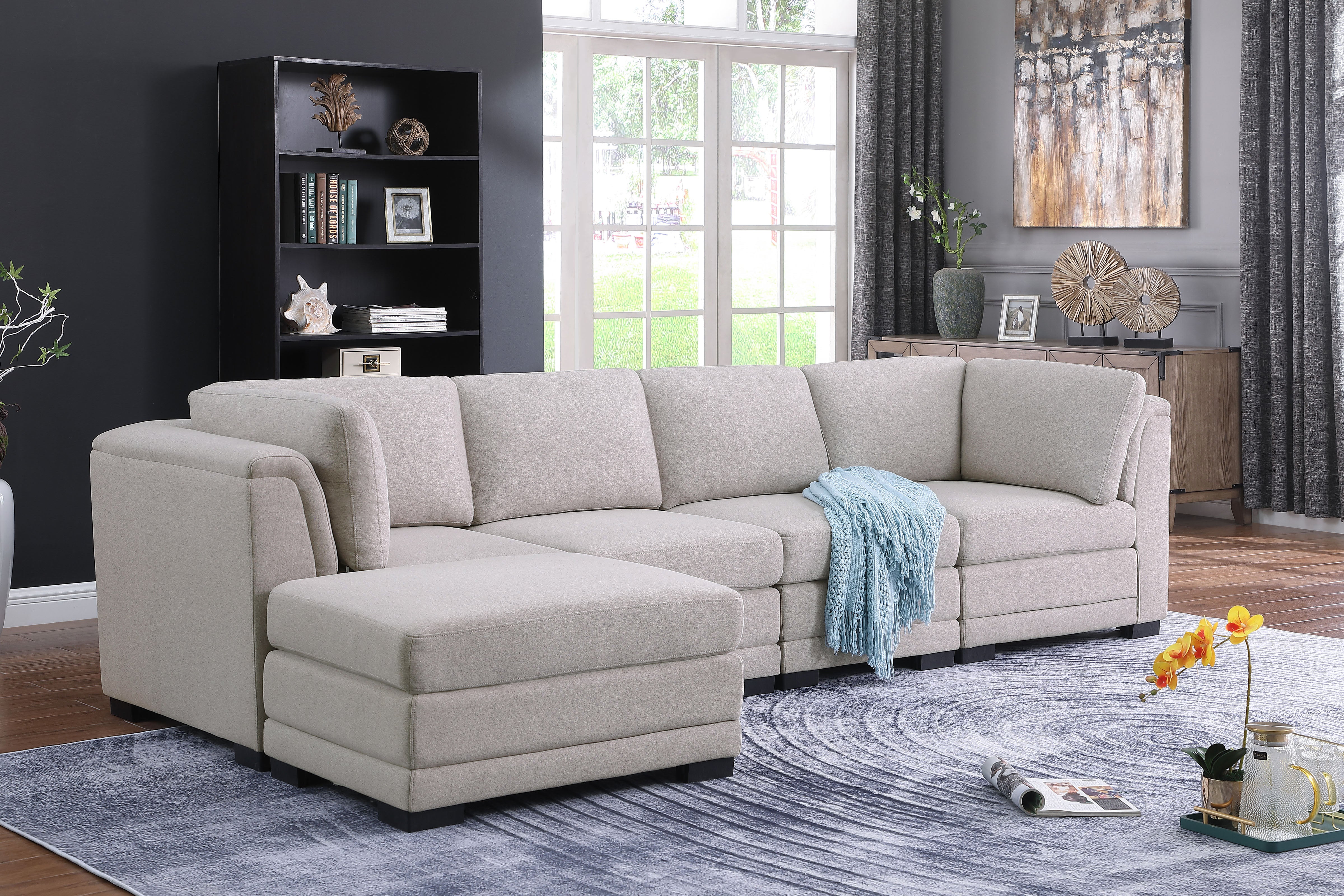 Kristin 121.5" Light Gray Linen Fabric Reversible Sectional Sofa with Ottoman