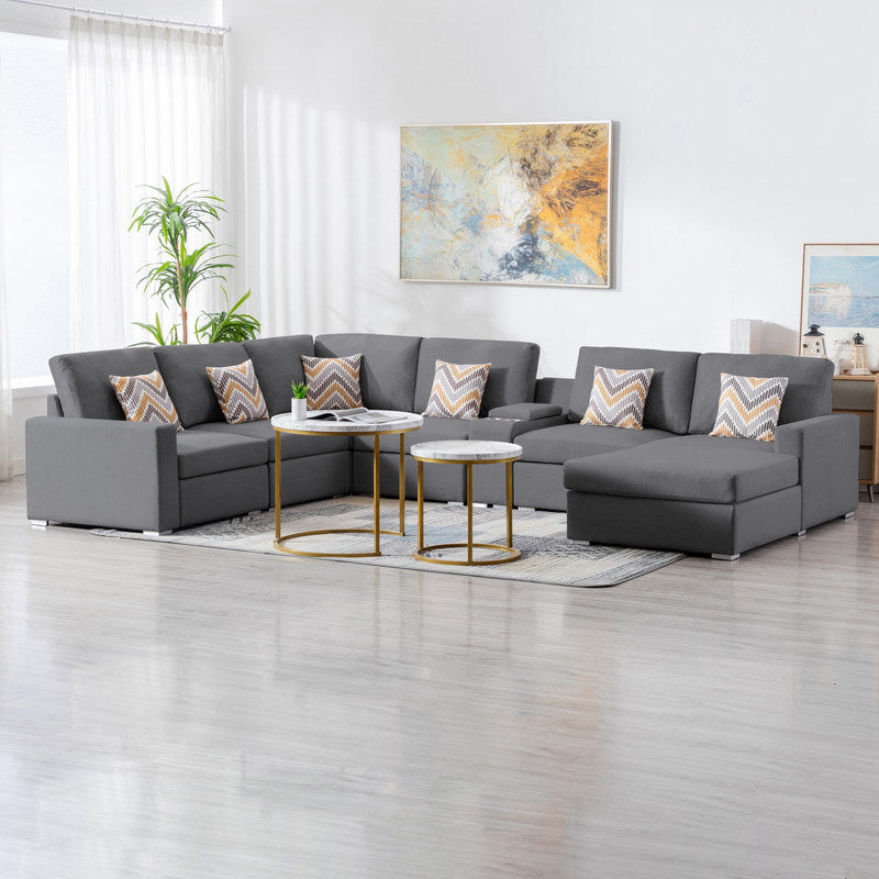 Nolan 135" Gray Linen Fabric 7Pc Reversible Chaise Sectional Sofa with a USB, Charging Ports, Cupholders, Storage Console Table and Pillows and Interchangeable Legs