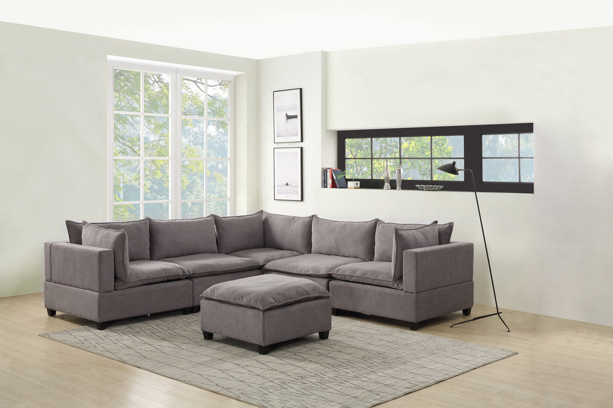 Madison 120.5" Light Gray Fabric 6 Piece Modular Sectional Sofa with Ottoman