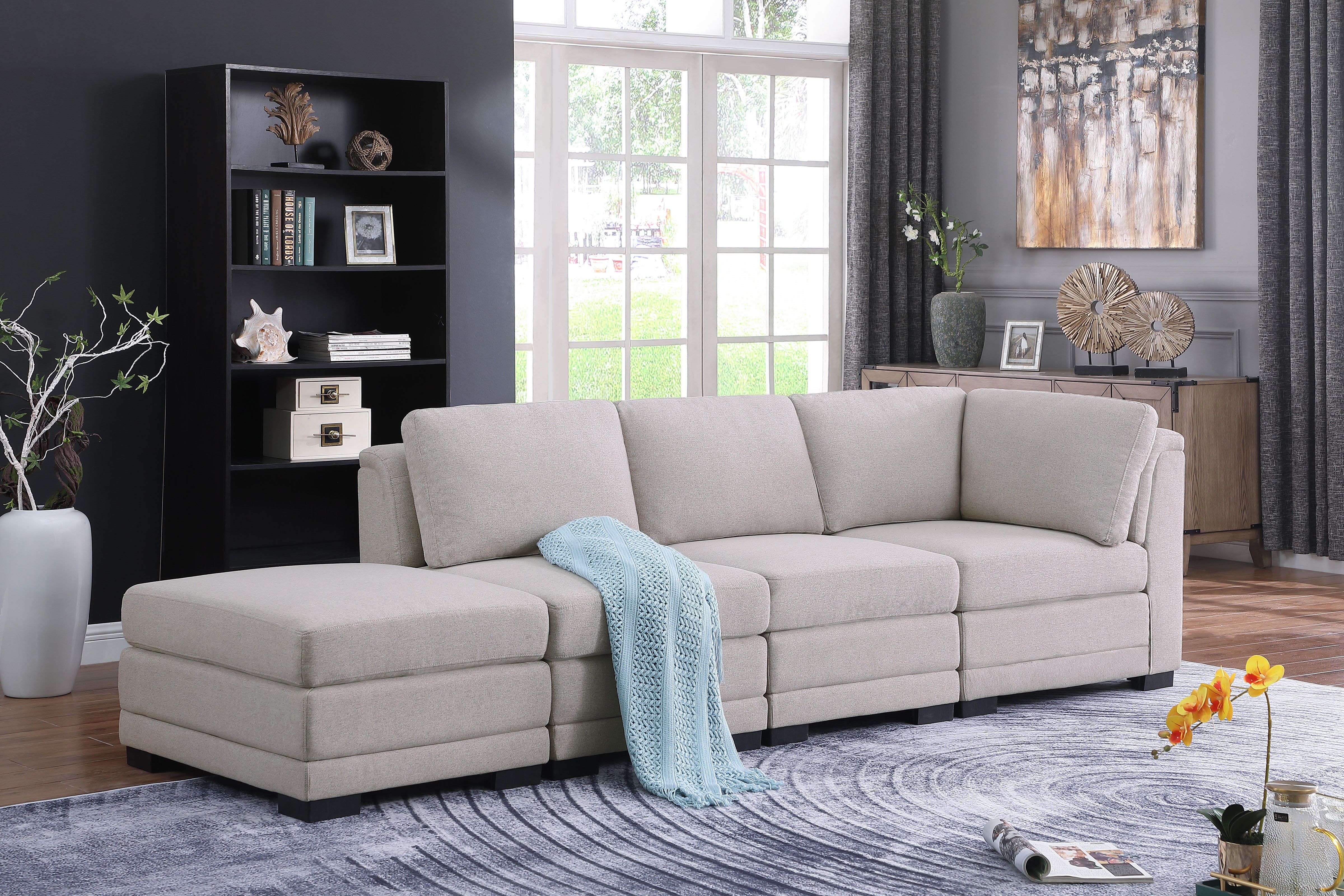 Kristin 112" Light Gray Linen Fabric Reversible Sofa with Ottoman