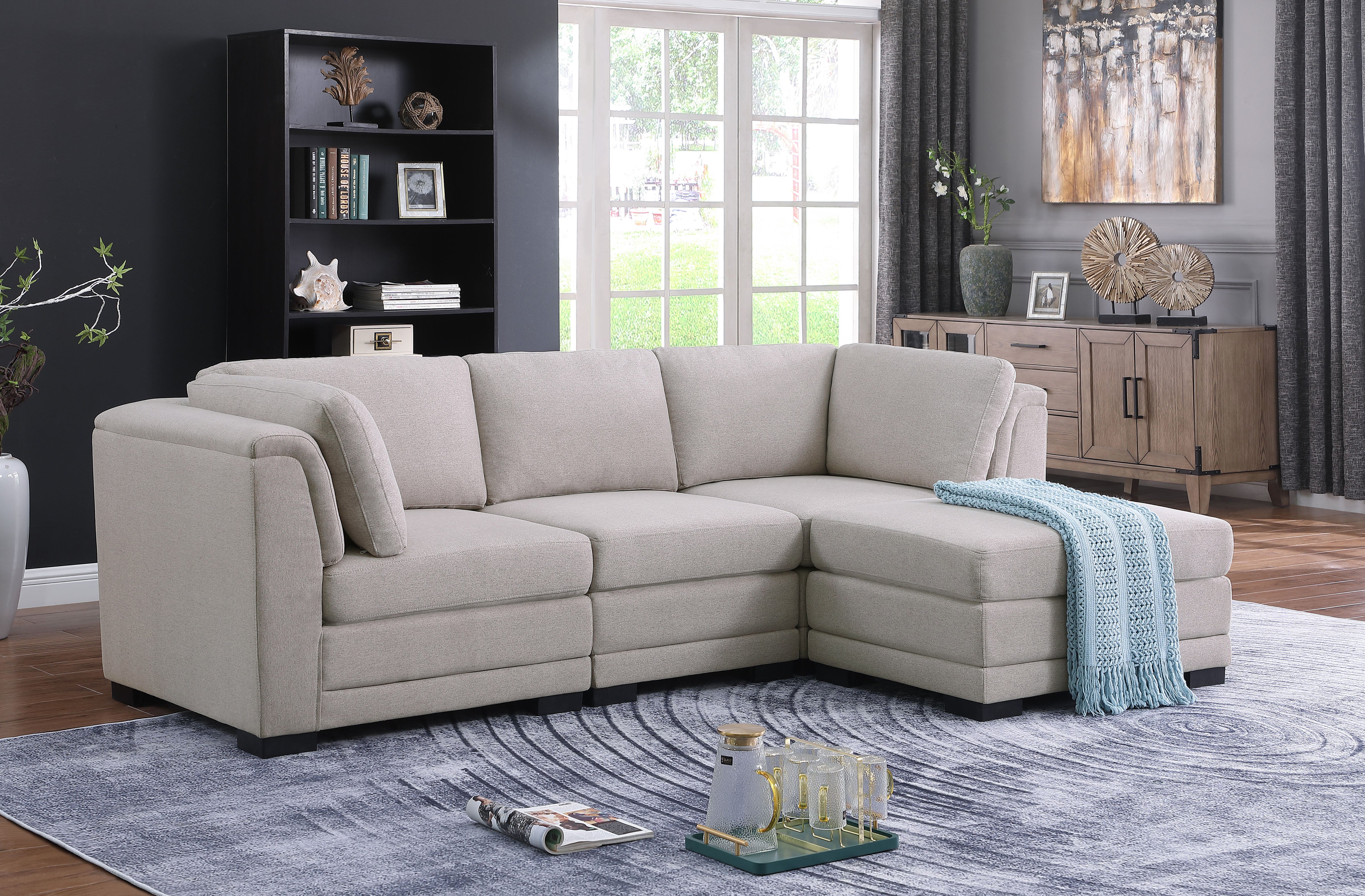 Kristin 96" Light Gray Linen Fabric Reversible Sectional Sofa with Ottoman