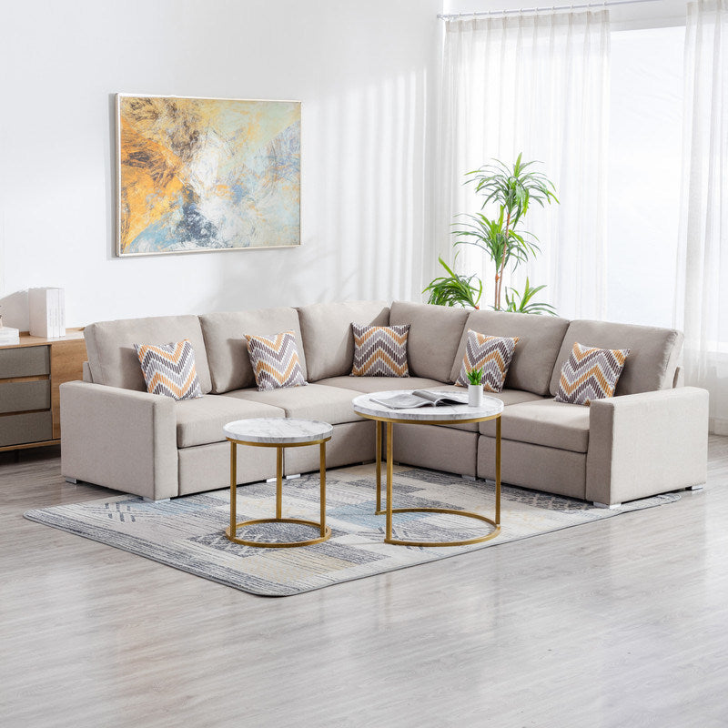 Nolan 95.5" Beige Linen Fabric 5Pc Reversible Sectional Sofa with Pillows and Interchangeable Legs