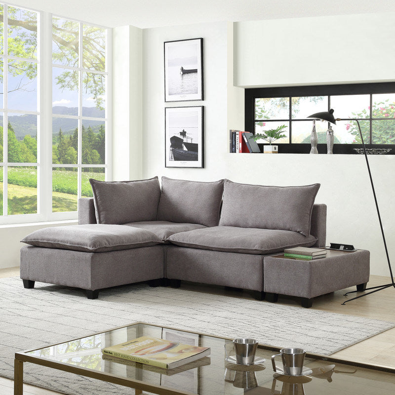 Madison 94.5" Light Gray Fabric Sectional Loveseat Ottoman with USB Storage Console Table