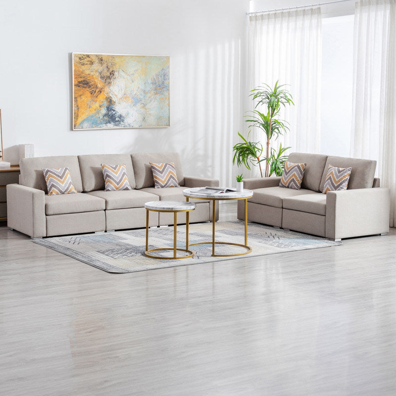 Nolan 95.5" Beige Linen Fabric Sofa and Loveseat Living Room Set with Pillows and Interchangeable Legs