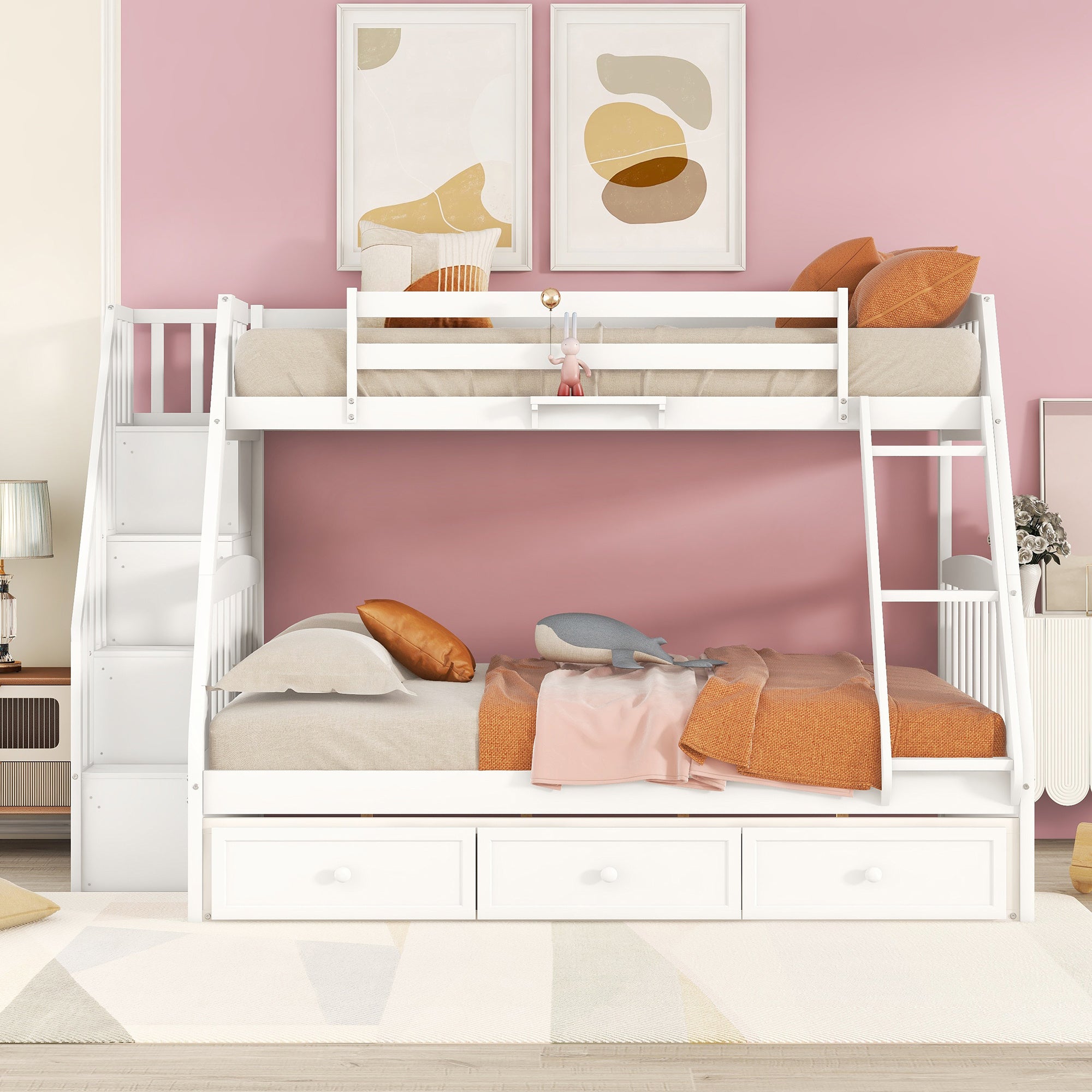 Twin-Over-Full Bunk Bed with Drawers, Ladder and Storage Staircase, White