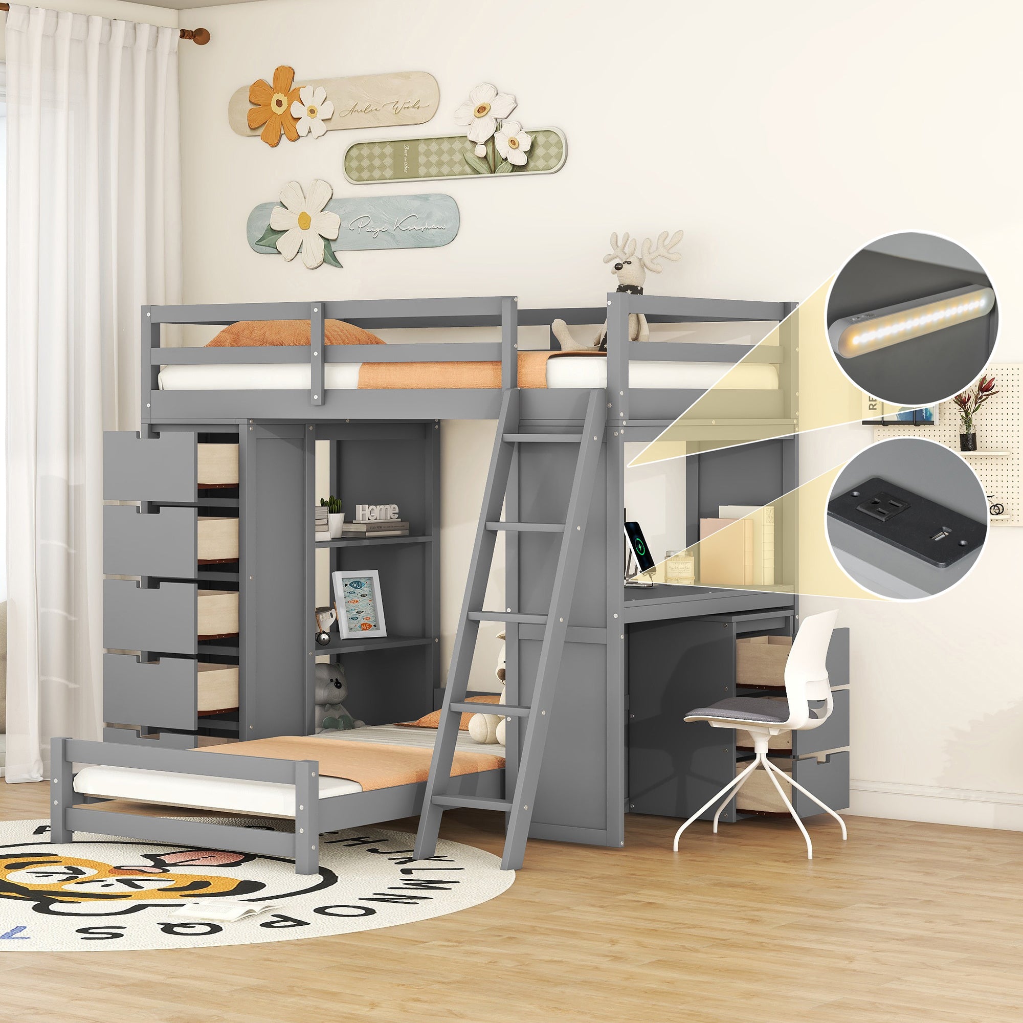 Twin over Twin Bunk Bed with LED Light and USB Ports, Gray