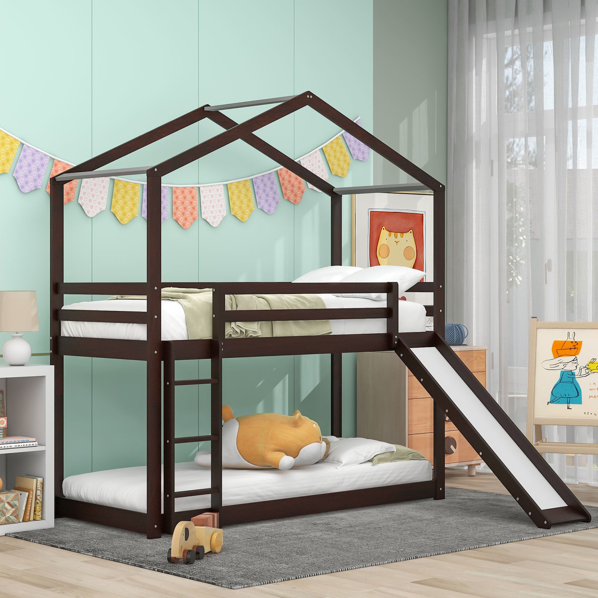 Twin Over Twin Bunk Bed with Roof, Slide and Ladder, Espresso