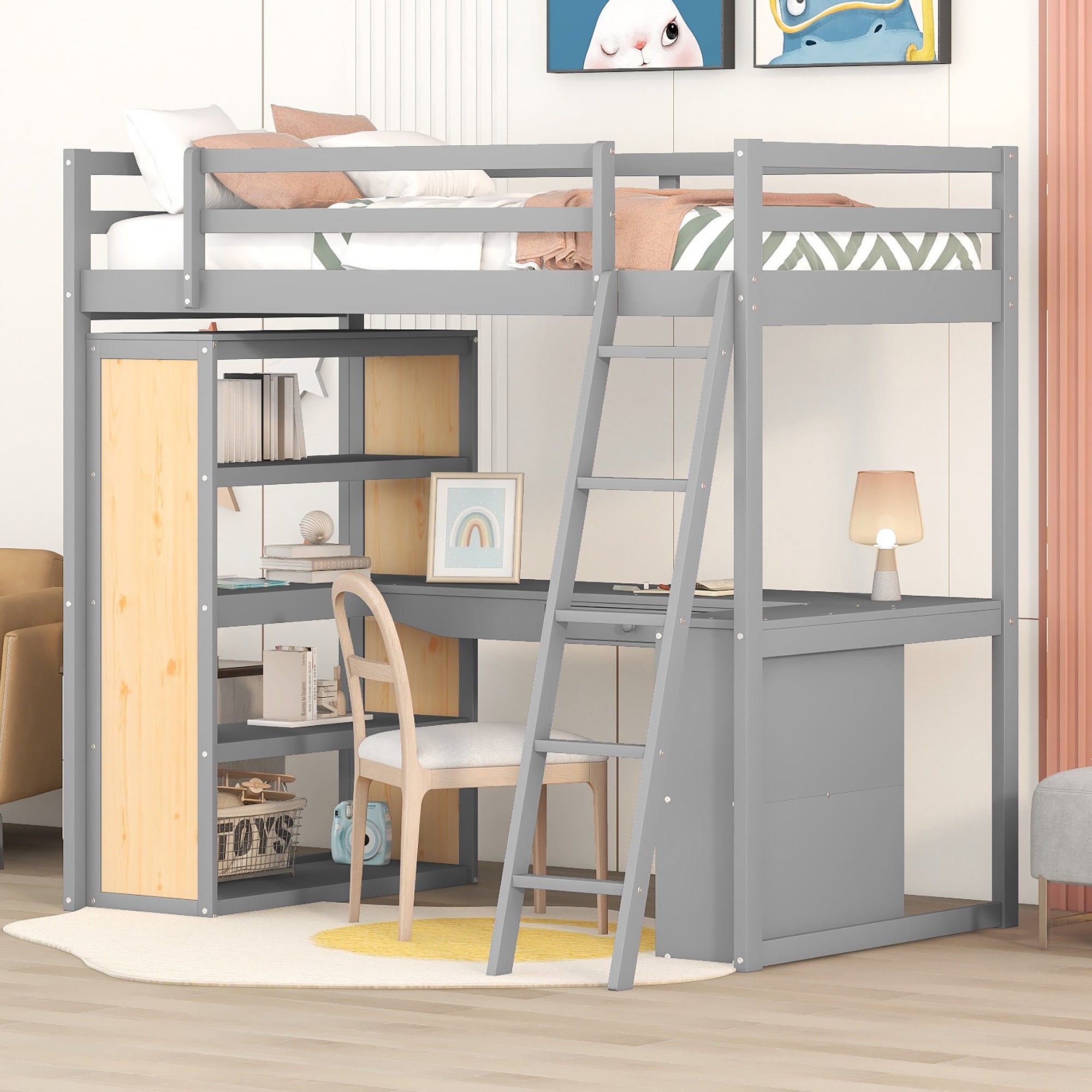 Twin Size Loft Bed with Ladder, Shelves, and Desk, Gray(LT000225AAE)