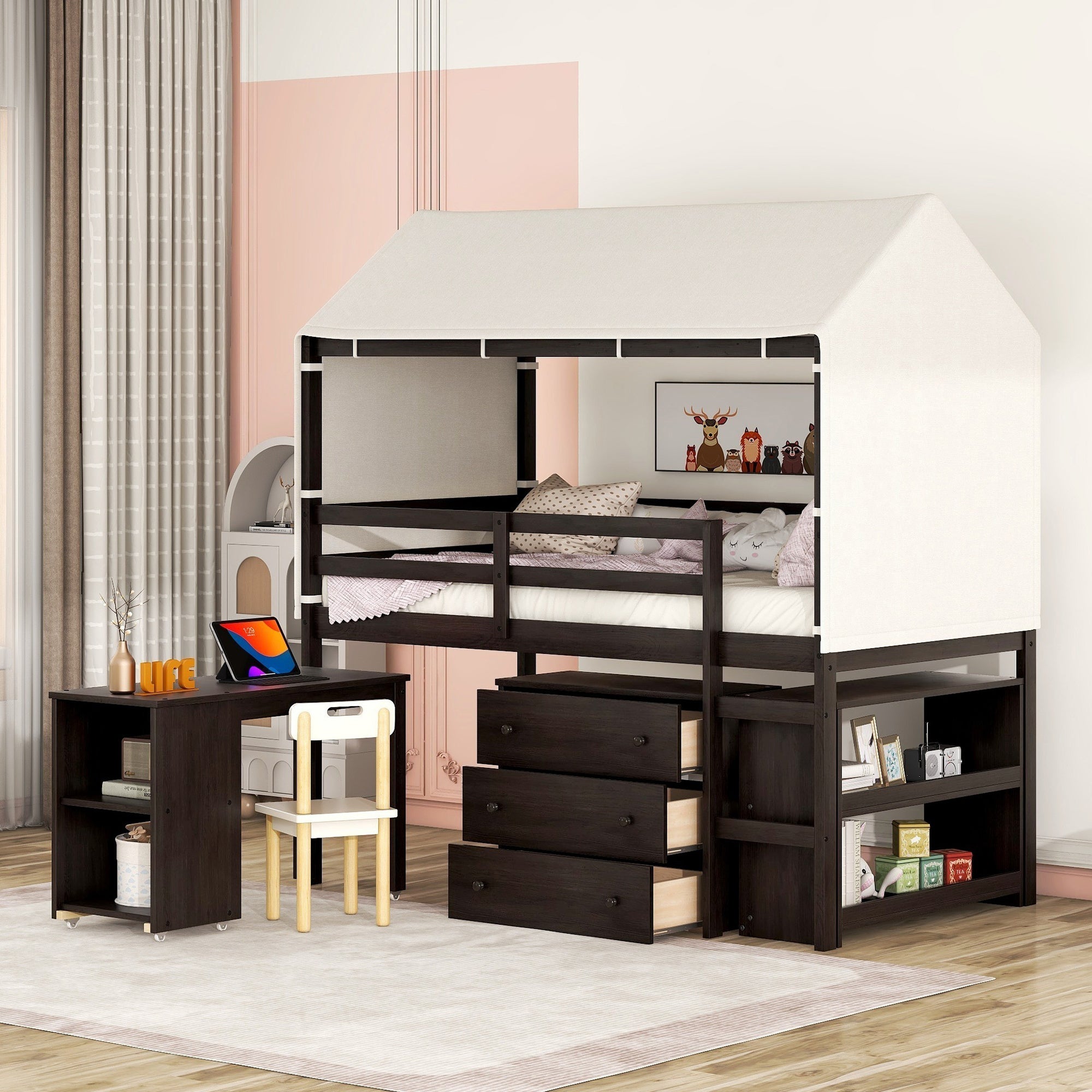 Twin Size Loft Bed with Rolling Cabinet, Shelf and Tent - Espresso