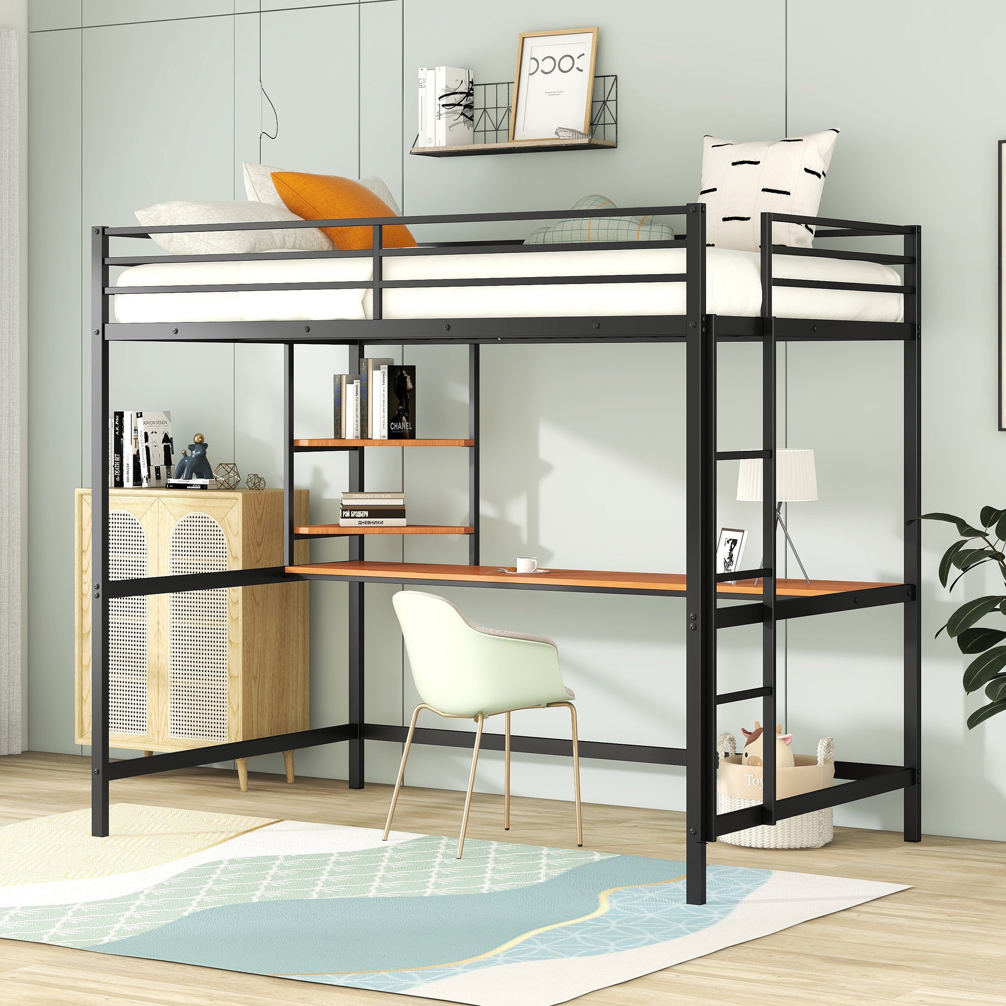 Full Metal Loft Bed with Desk and Shelve, Black