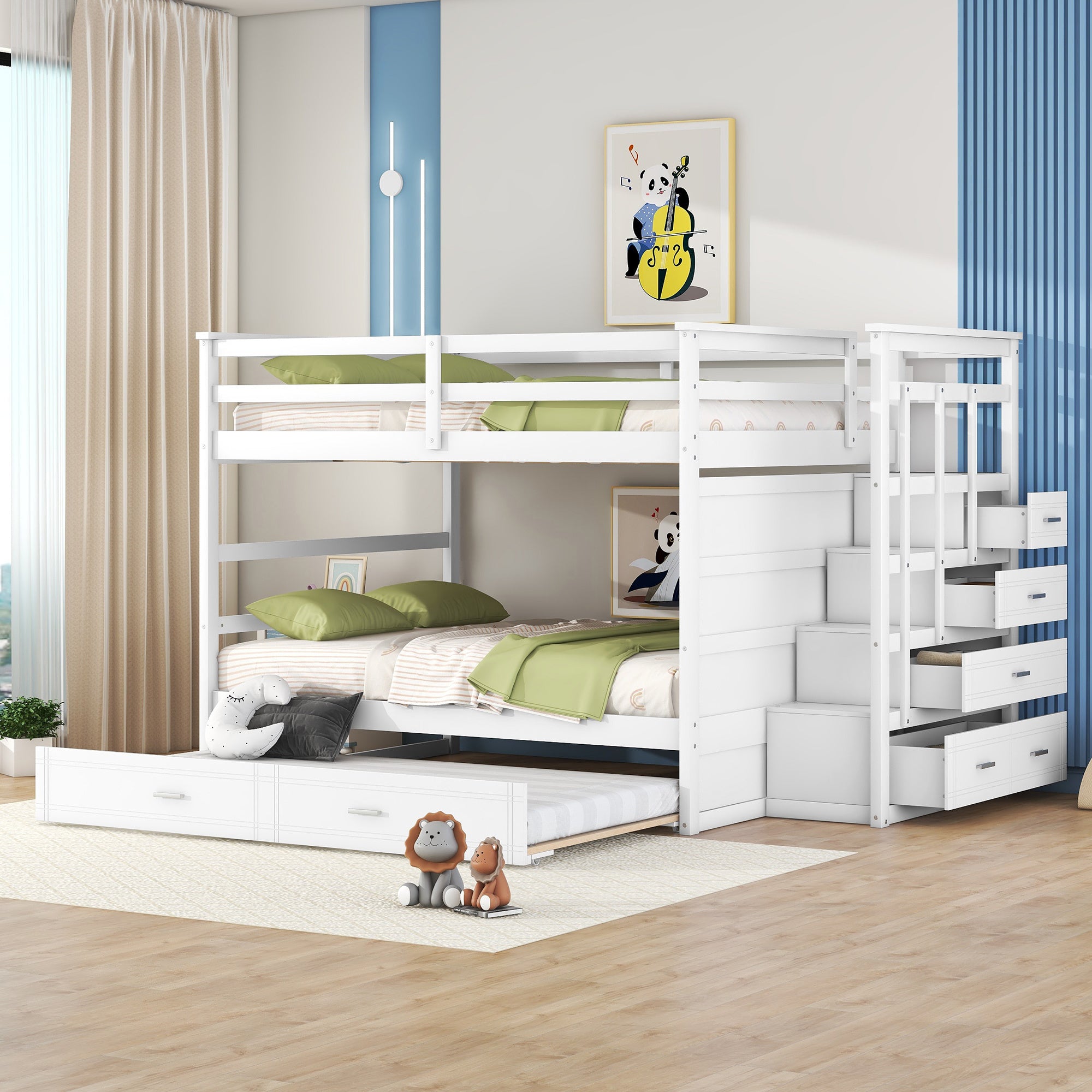 Full Over Full Bunk Bed with Twin Size Trundle and Staircase, White