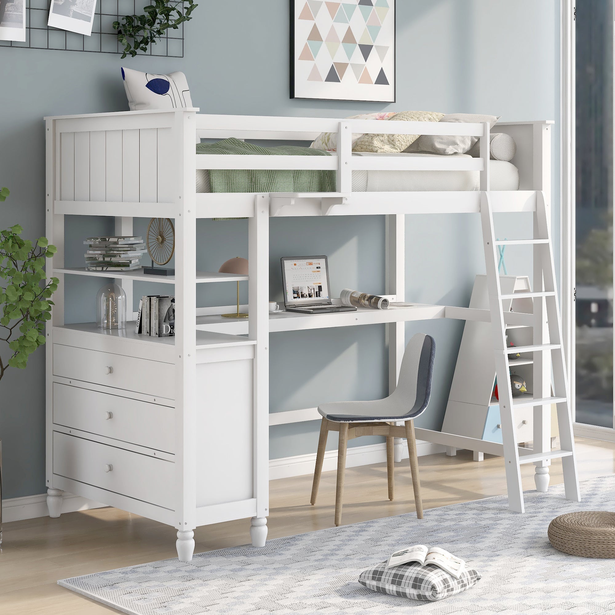 Twin size Loft Bed with Drawers and Desk, Wooden Loft Bed with Shelves - White(OLD SKU: LT001530AAK)