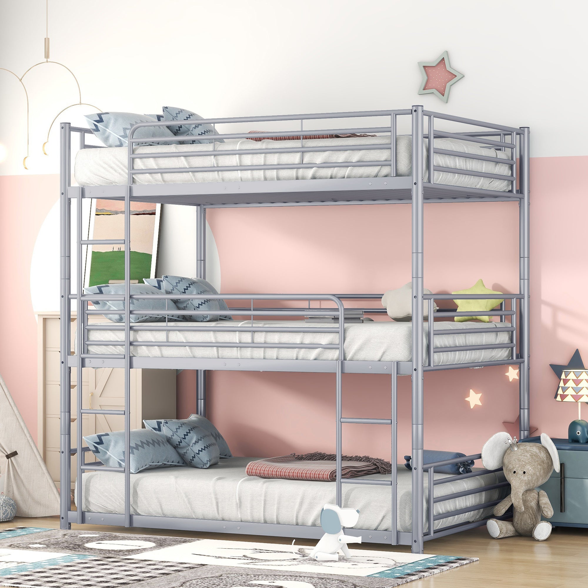 Full-Full-Full Metal Triple Bed with Built-in Ladder, Divided into Three Separate Beds,Gray(OLD SKU:LP000297AAE)