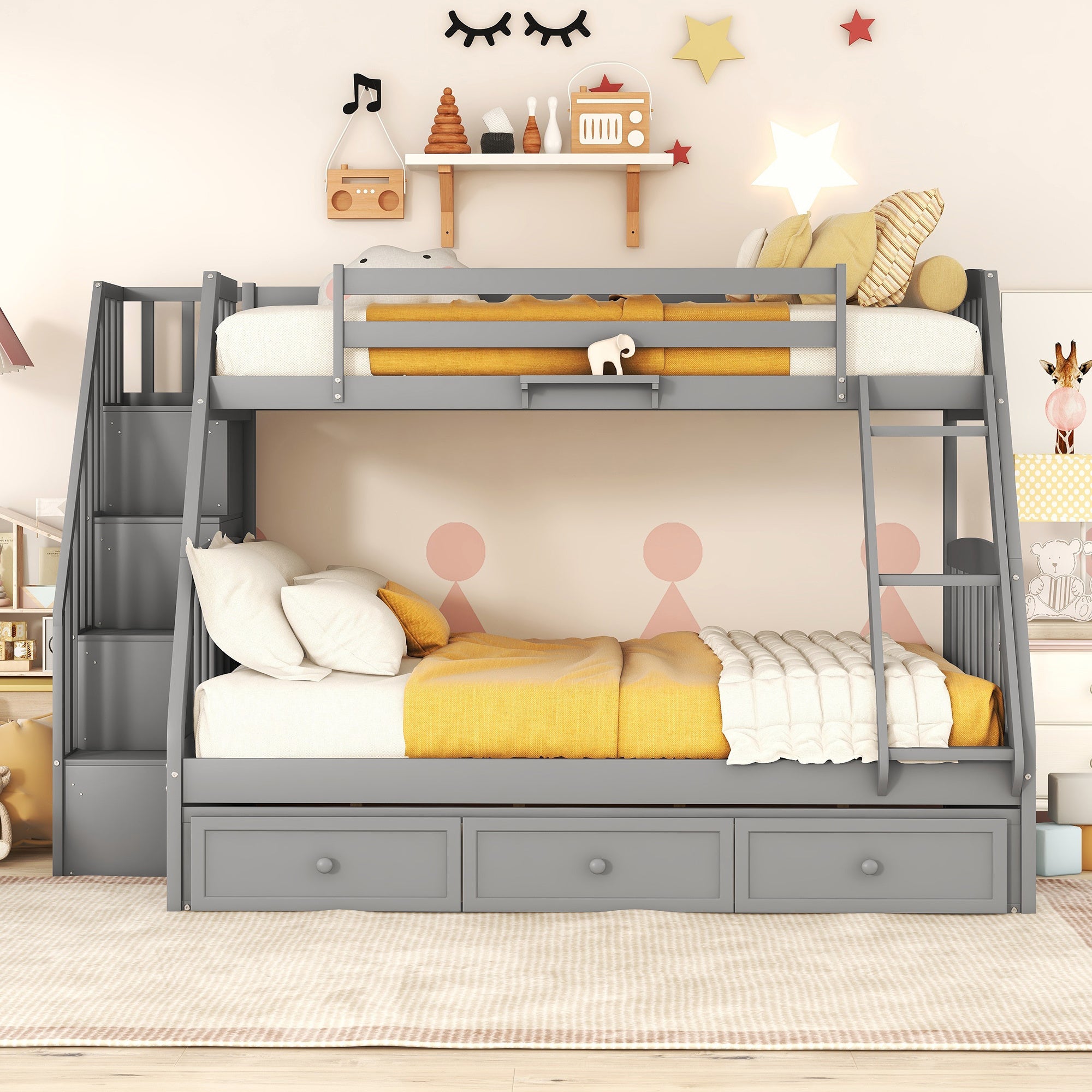 Twin-Over-Full Bunk Bed with Drawers, Ladder and Storage Staircase, Gray