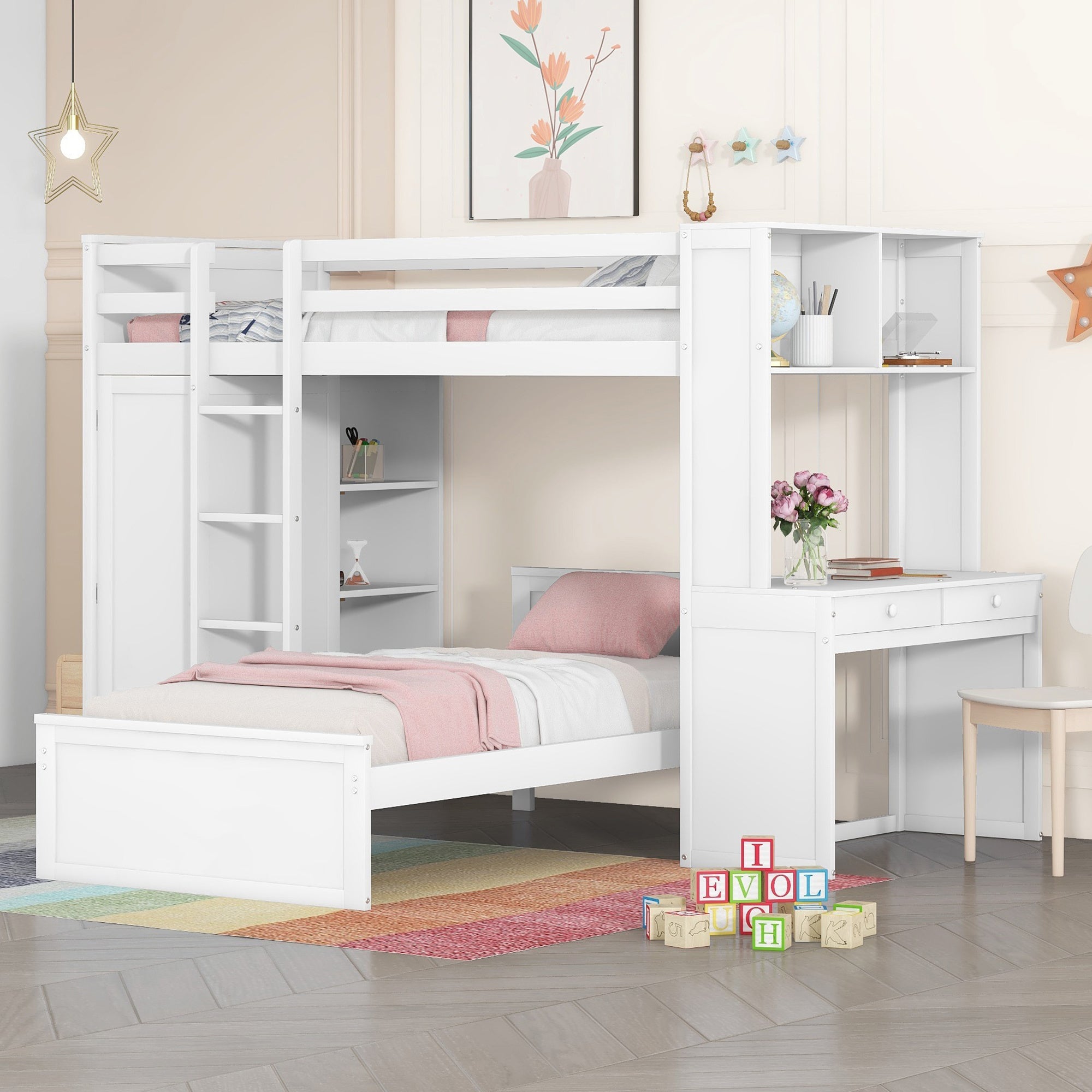 Twin size Loft Bed with a Stand-alone bed, Shelves,Desk,and Wardrobe-White