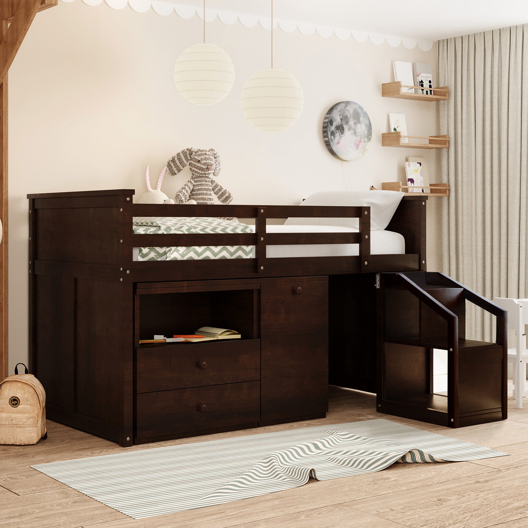 Loft Bed Low Study Twin Size Loft Bed With Storage Steps and Portable,Desk,Espresso(OLD SKU: LT000101AAP)