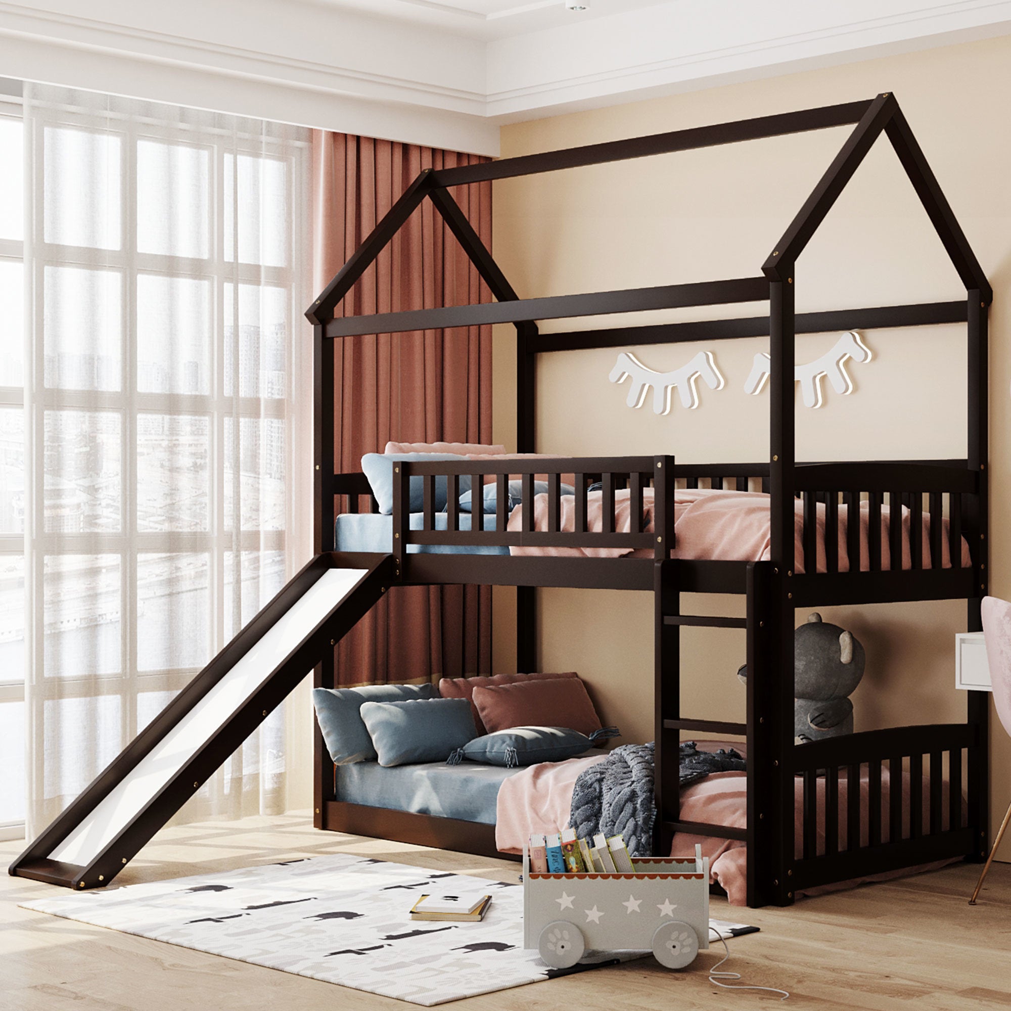 Twin Over Twin Bunk Bed with Slide, House Bed with Slide, Espresso(OLD SKU: LT000213AAP)