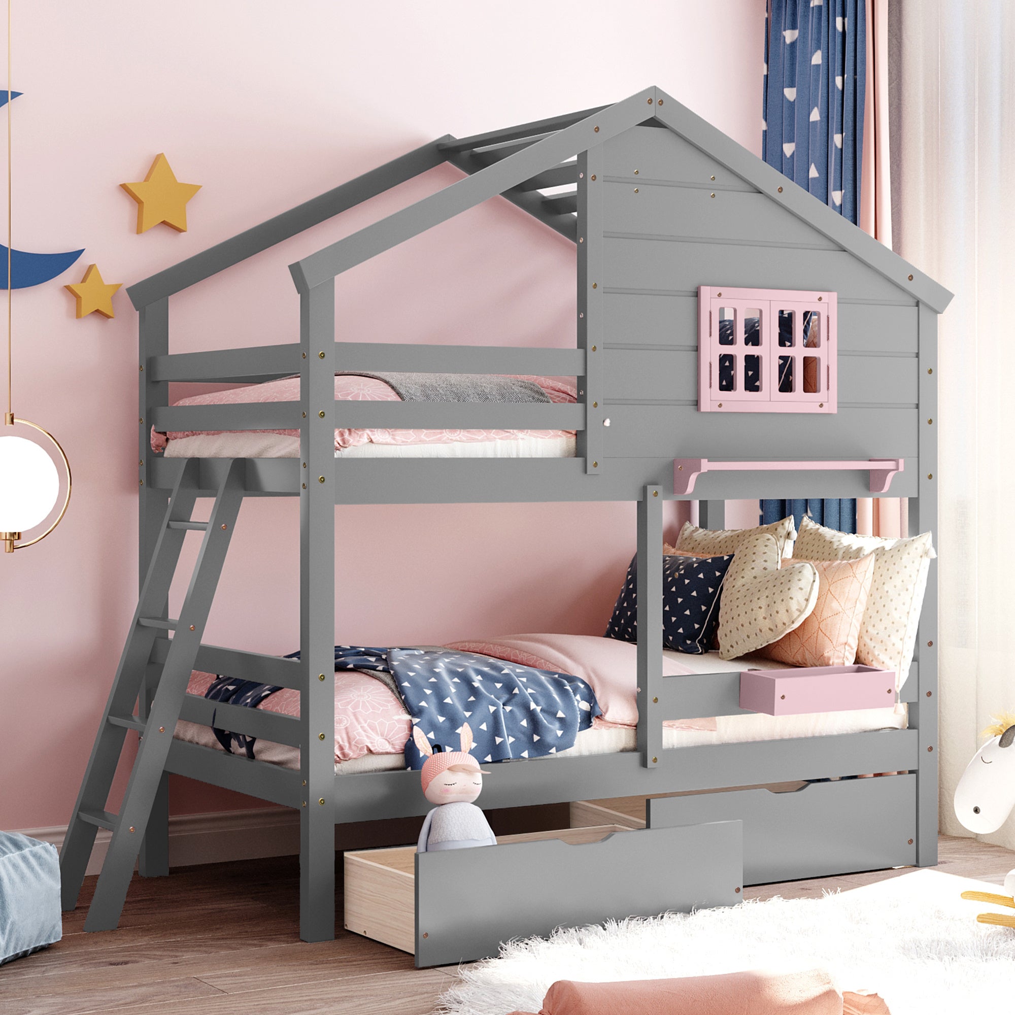 Twin over Twin Bunk Bed with 2 Drawers, 1 Storage Box, 1 Shelf, Window and Roof-Gray(OLD SKU:LT000608AAE)