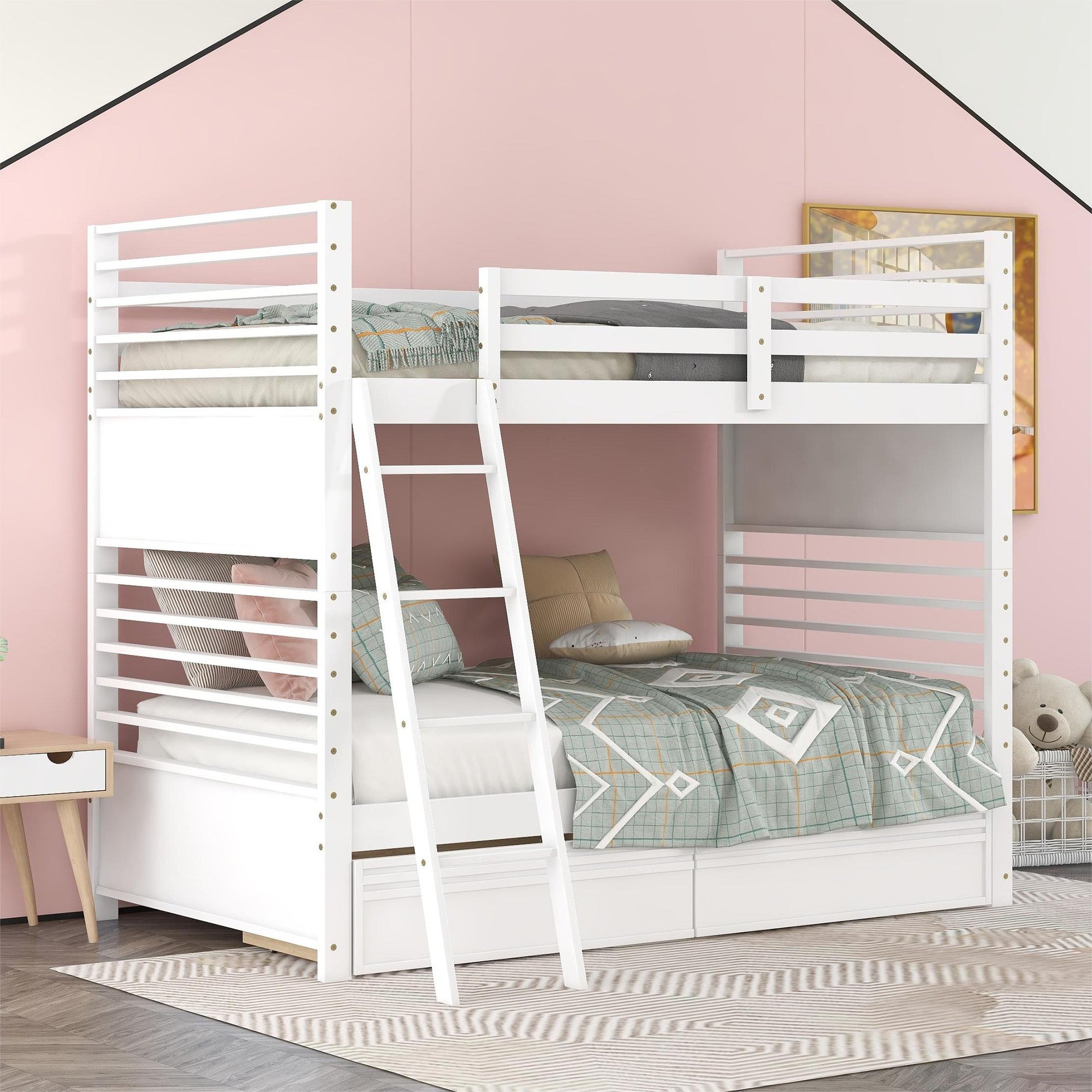 Twin over Twin Wood Bunk Bed with Two Drawers - White