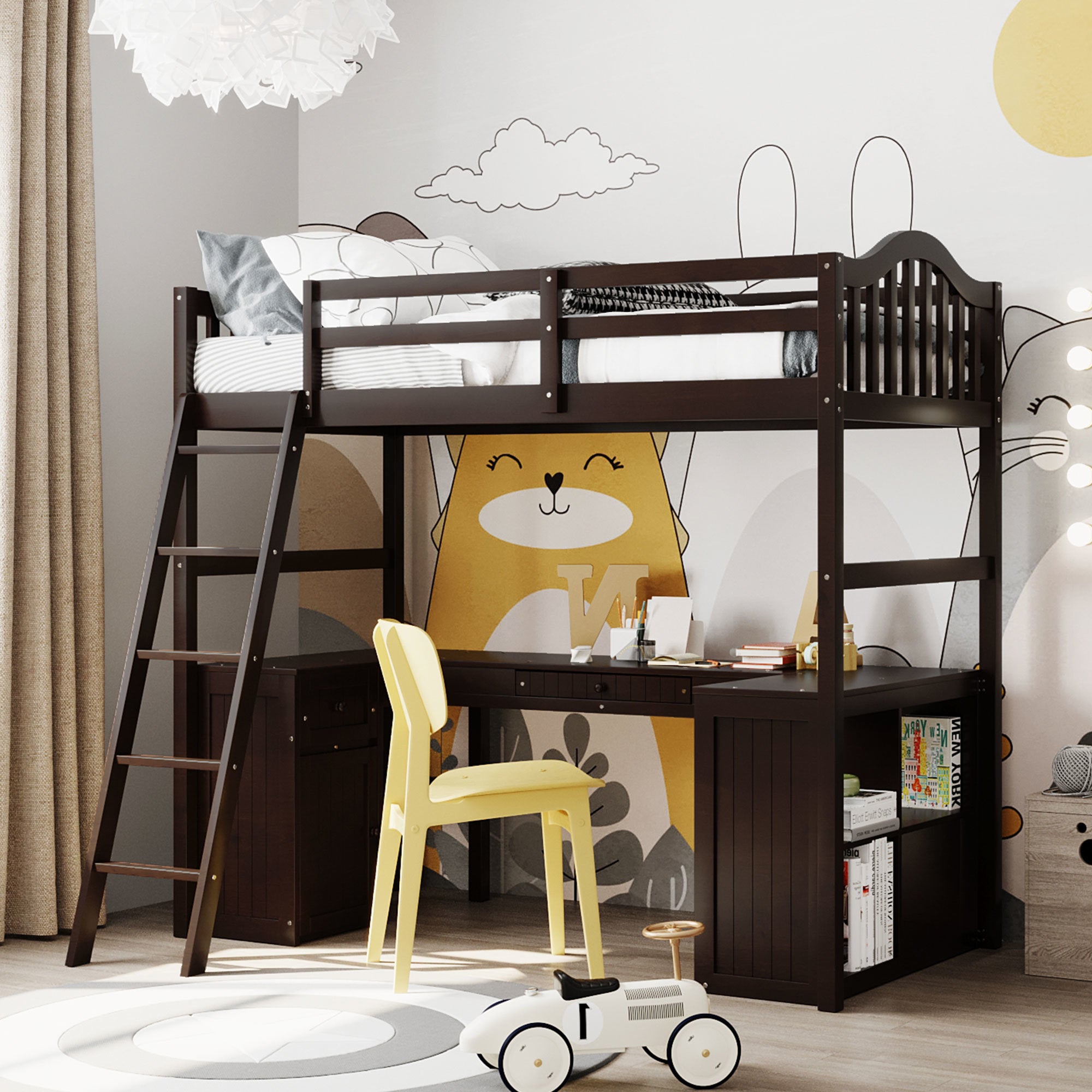 Twin size Loft Bed with Drawers, Cabinet, Shelves and Desk, Wooden Loft Bed with Desk - Espresso(OLD SKU :LT000505AAP)