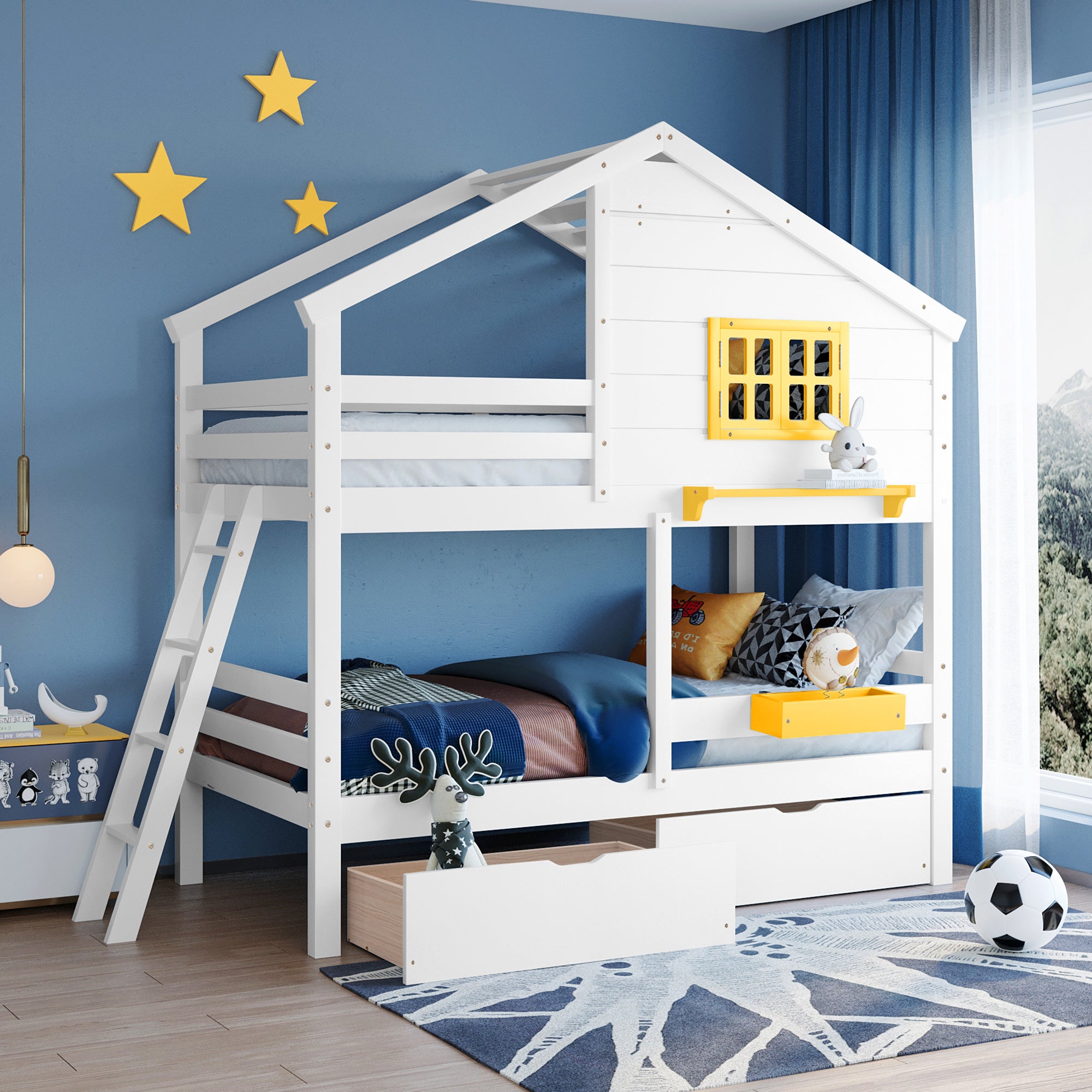 Twin over Twin Bunk Bed with 2 Drawers, 1 Storage Box, 1 Shelf, Window and Roof-White(OLD SKU:LT000608AAK)