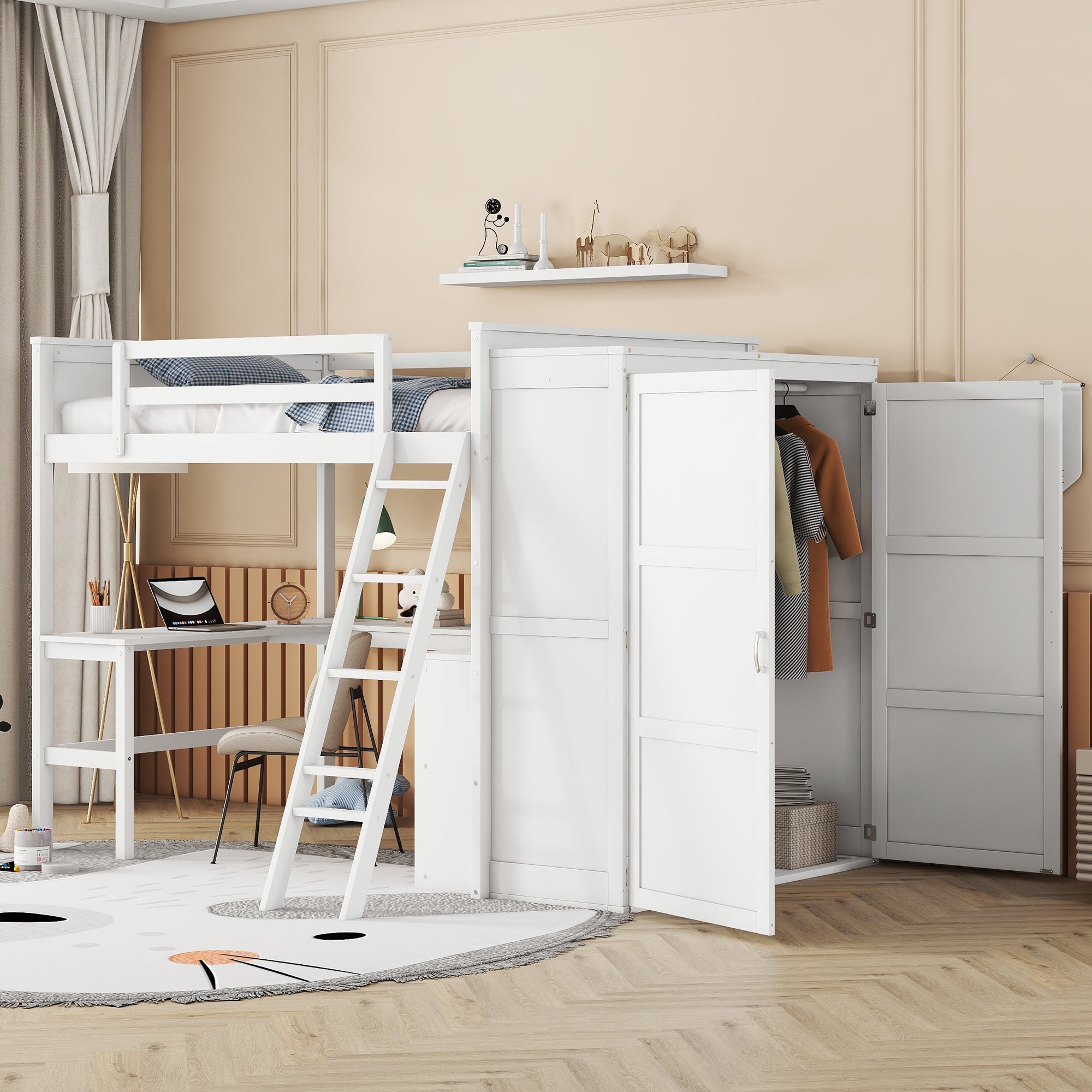 Full size Loft Bed with Desk, Shelves and Wardrobe-White