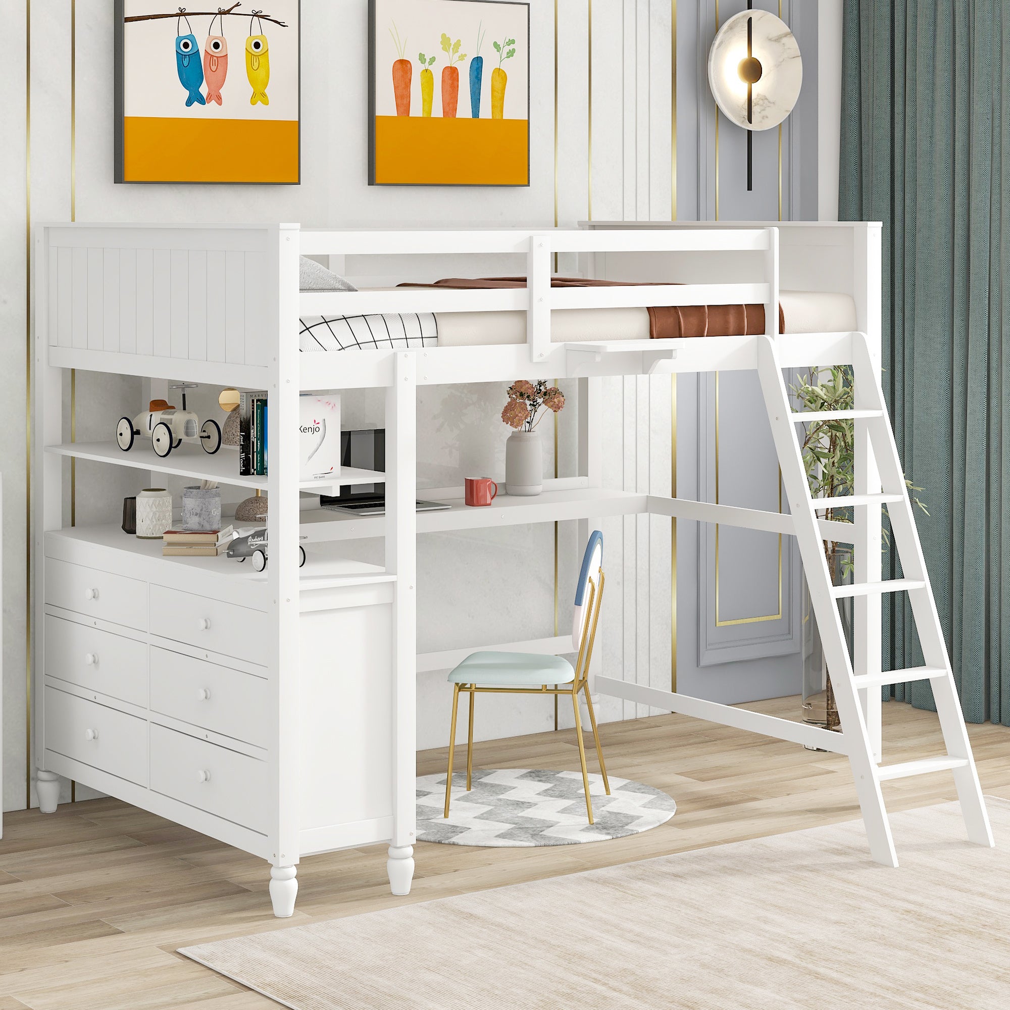 Full size Loft Bed with Drawers and Desk, Wooden Loft Bed with Shelves - White(OLD SKU:LT001529AAK)