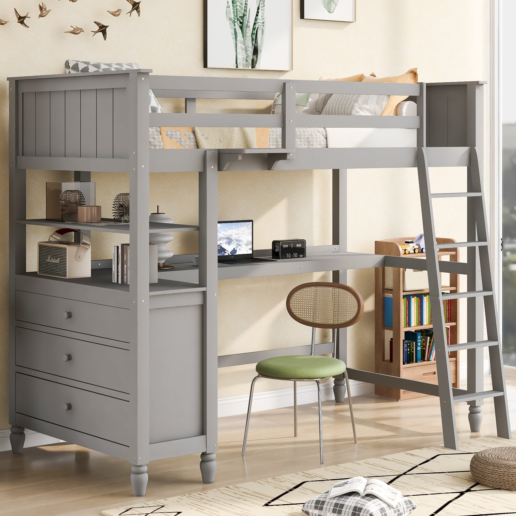 Twin size Loft Bed with Drawers and Desk, Wooden Loft Bed with Shelves - Gray(OLD SKU: LT001530AAE)