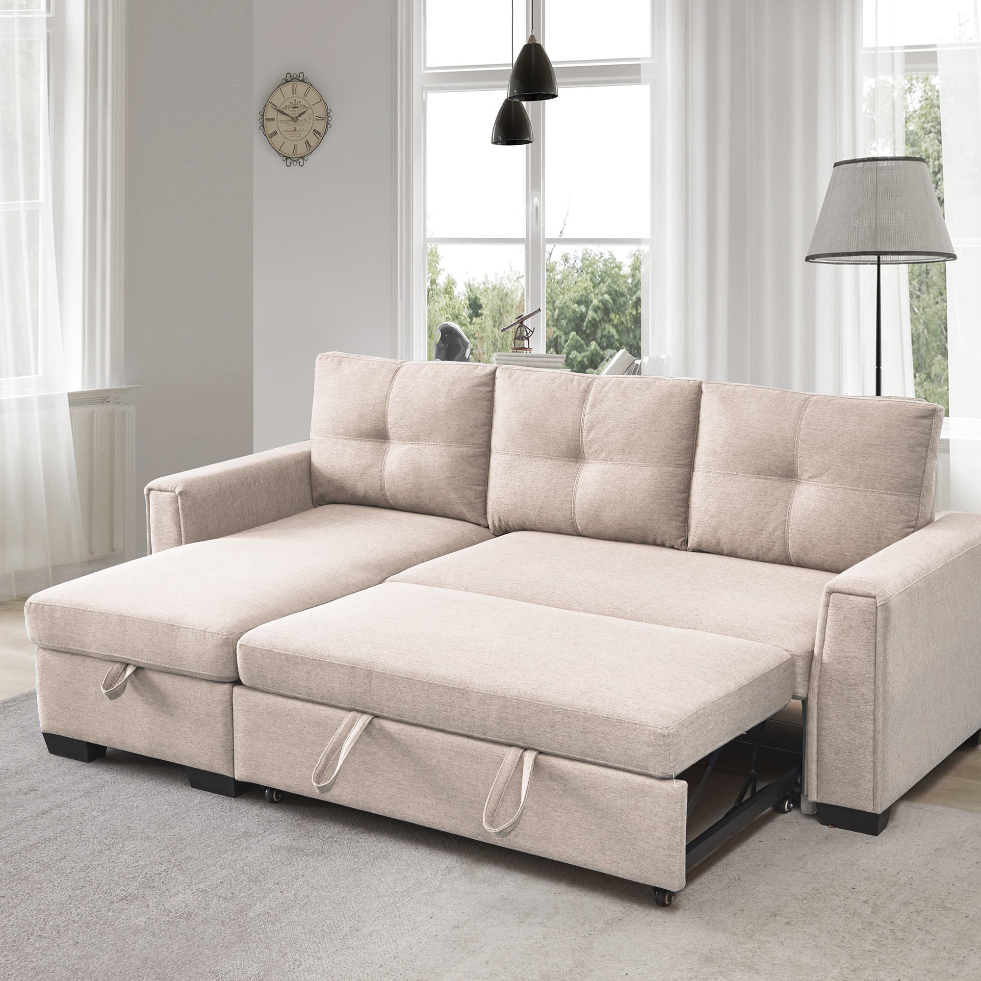 91.7' Pull-Out Sleeper Bed, L-Shape 3-Seater Modular Fabric Convertible Reversible Sleeper Sectional Sofa Couch with Storage Chaise - Beige