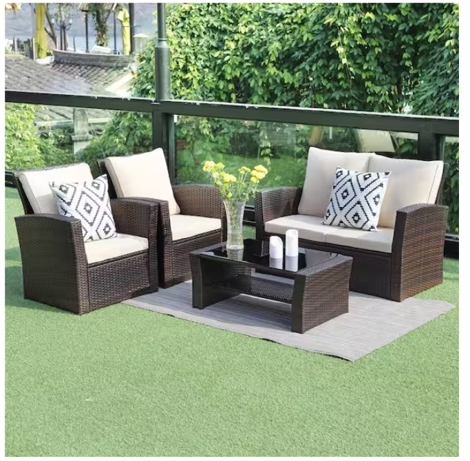 4-Pieces Outdoor Patio Furniture Set PE Rattan Wicker with Brown