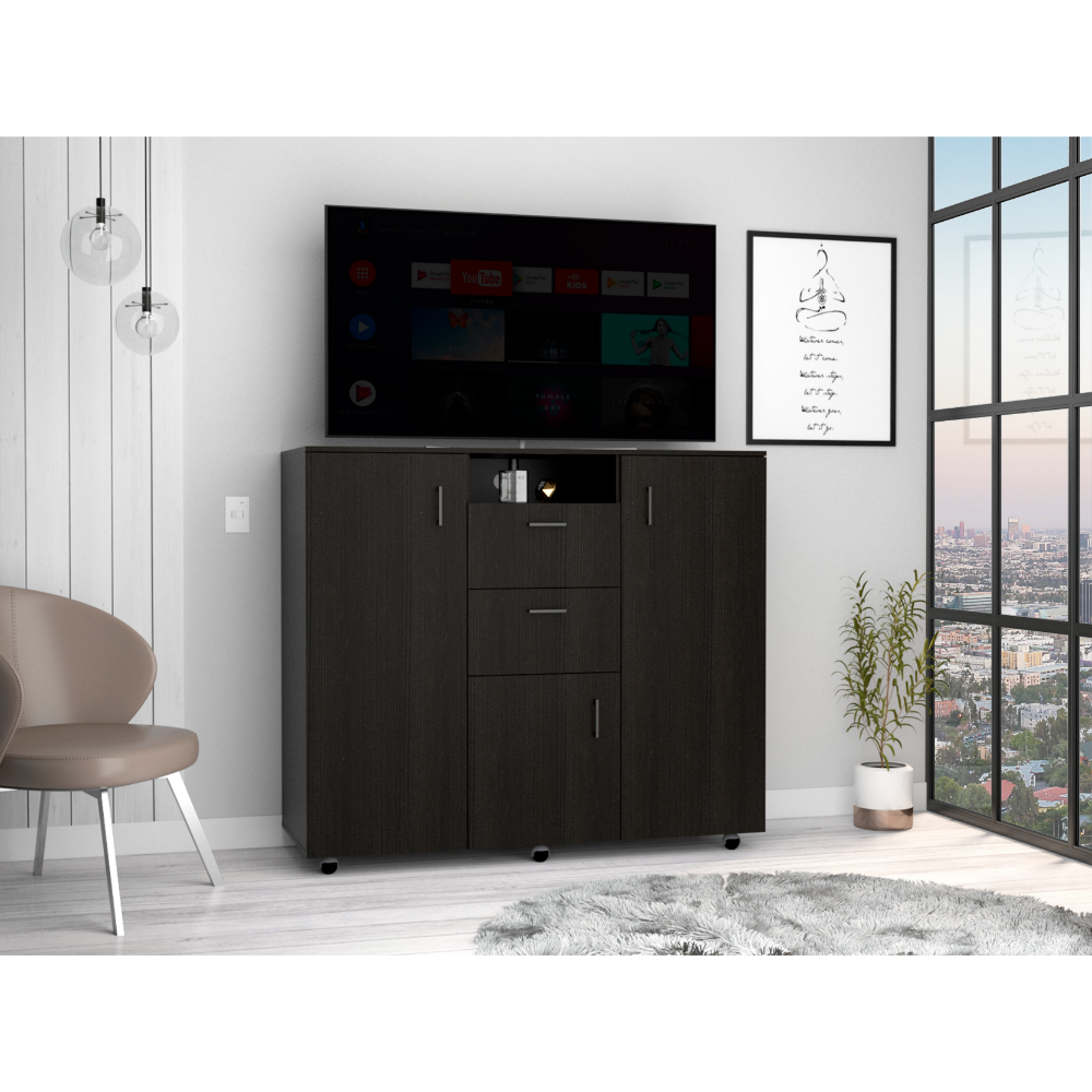 Letna Double Door Cabinet Dresser, Two Drawers, Four Interior Shelves, Three Cabinets With Door, Rod -Black