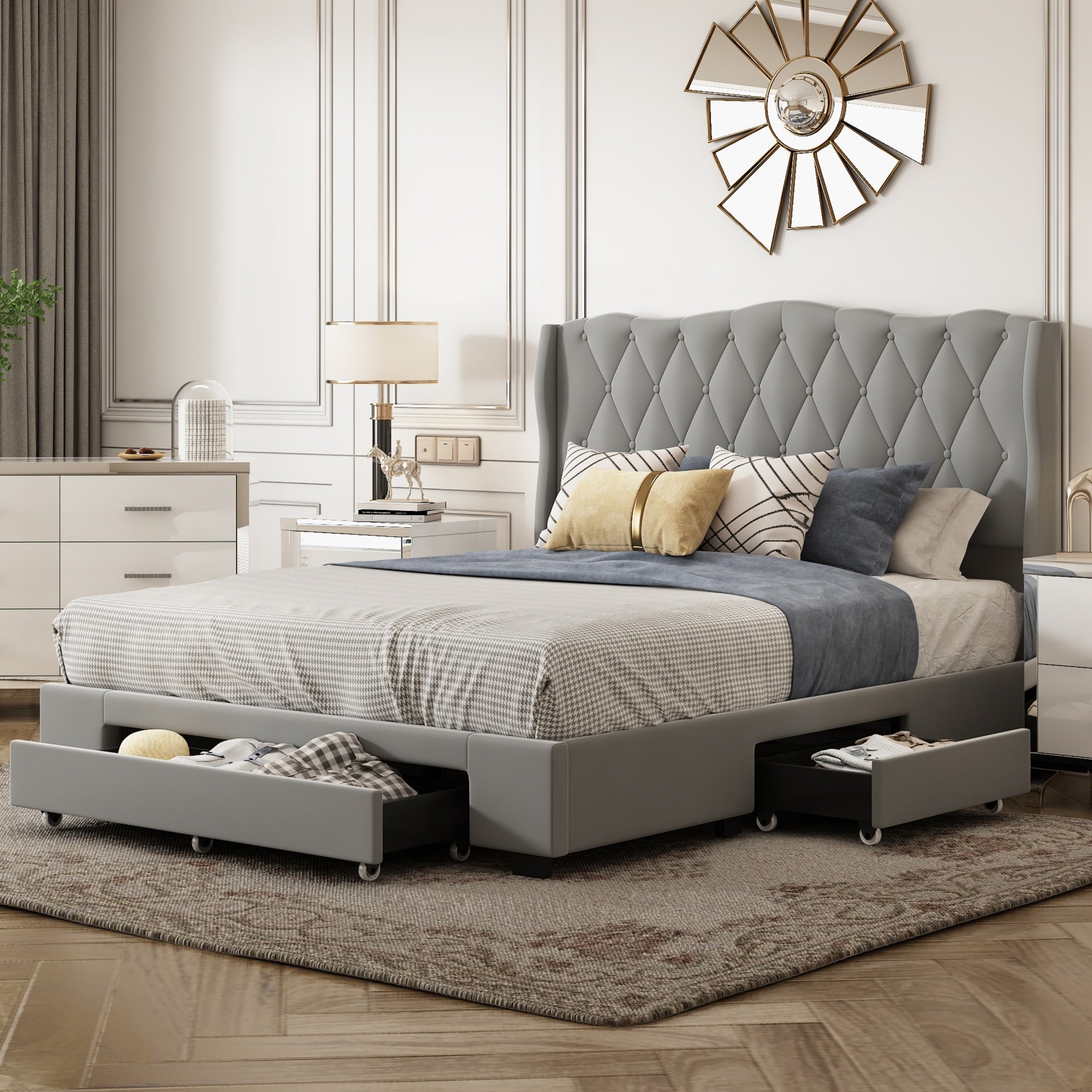 Upholstered Platform Bed with Tufted Headboard and 3 Drawers, No Box Spring Needed, Velvet Fabric, Queen Size Gray