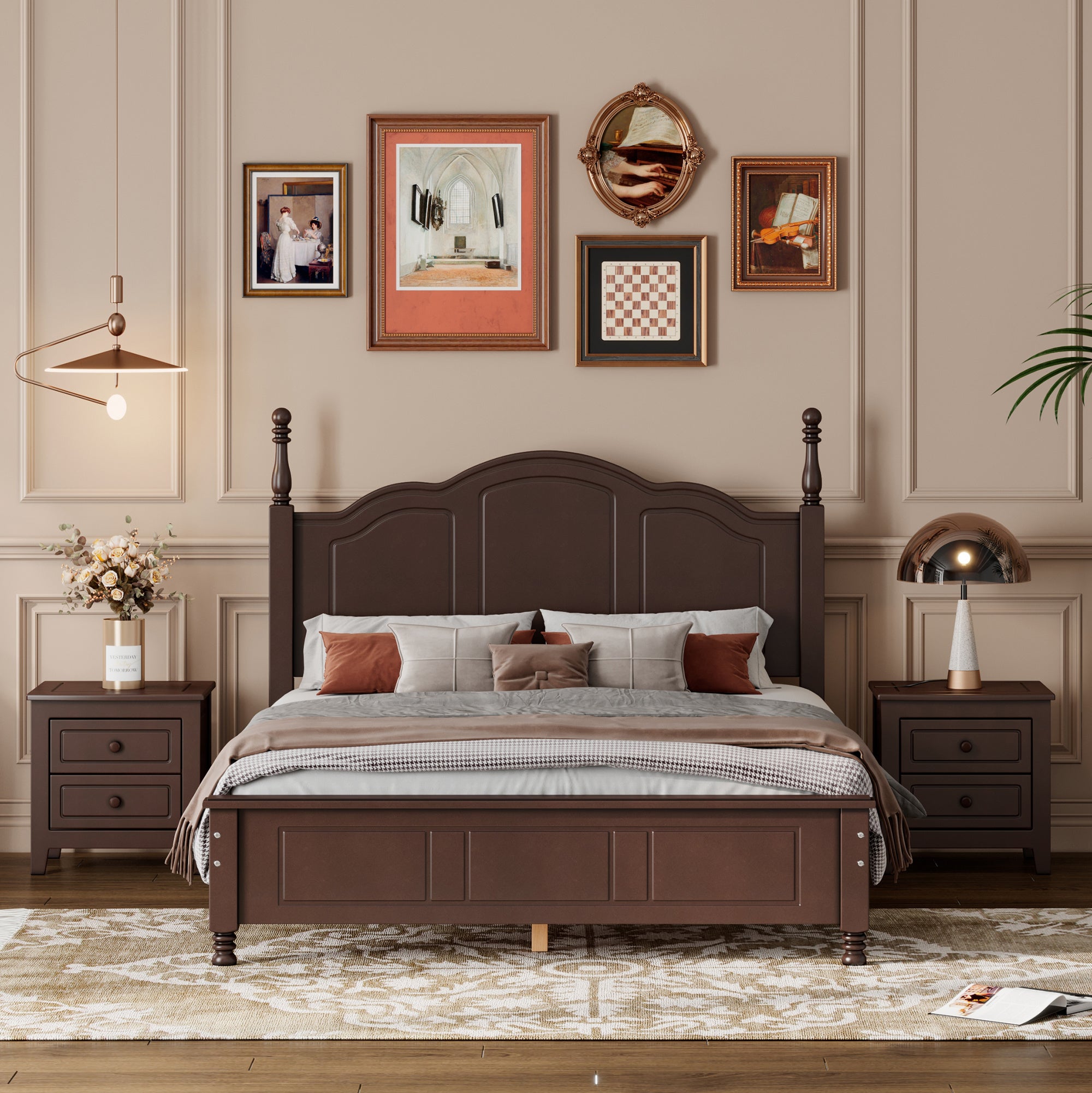 3-Pieces Bedroom Sets,Full Size Wood Platform Bed and Two Nightstands-Dark Walnut