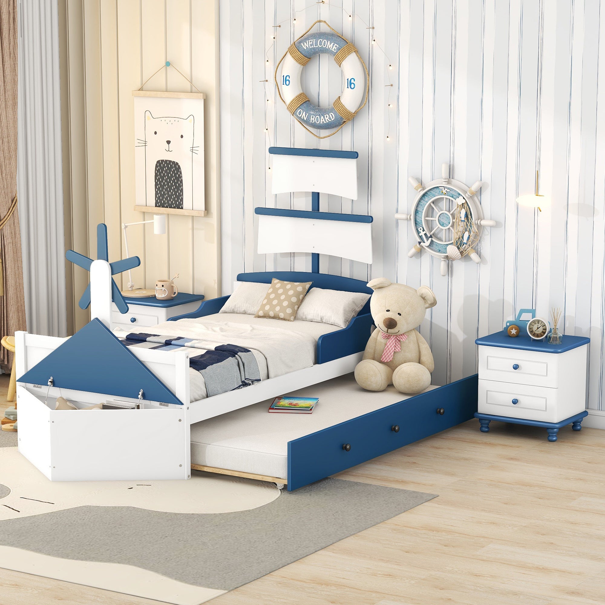 3-Pieces Bedroom Sets,Twin Size Boat-Shaped Platform Bed with Trundle and Two Nightstands,White+Blue