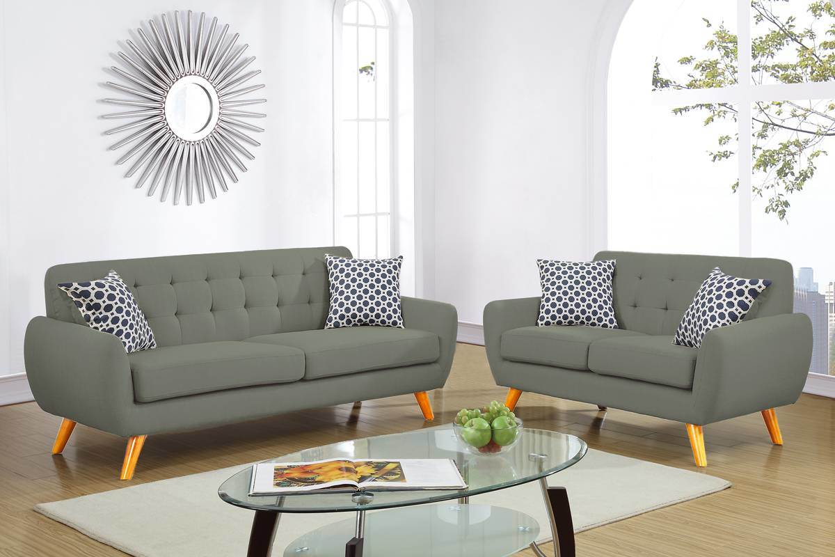 Grey Polyfiber Sofa And Loveseat 2pc Sofa Set Living Room Furniture Plywood Tufted Couch Pillows