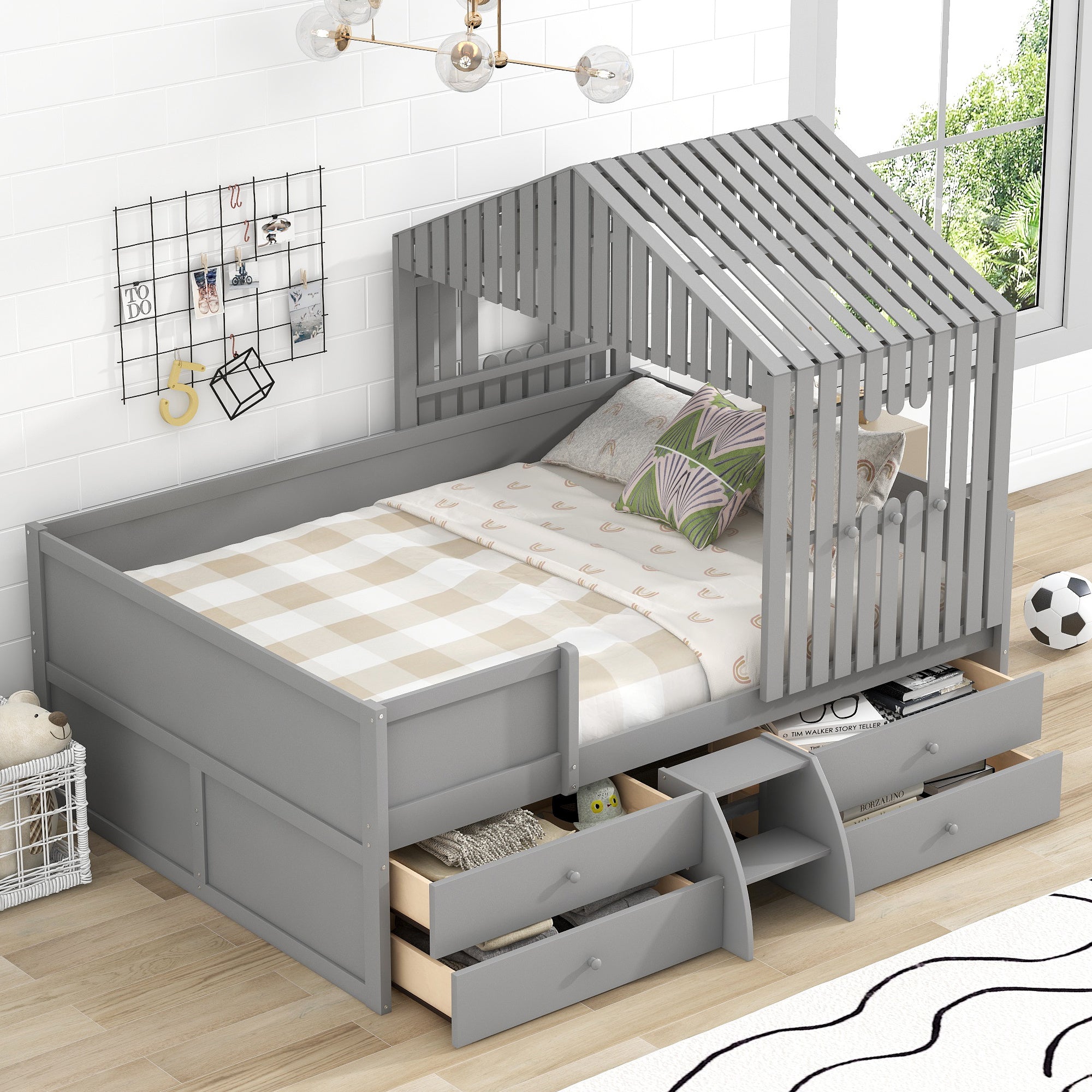 Full Size House Low Loft Bed with Four Drawers,Gray